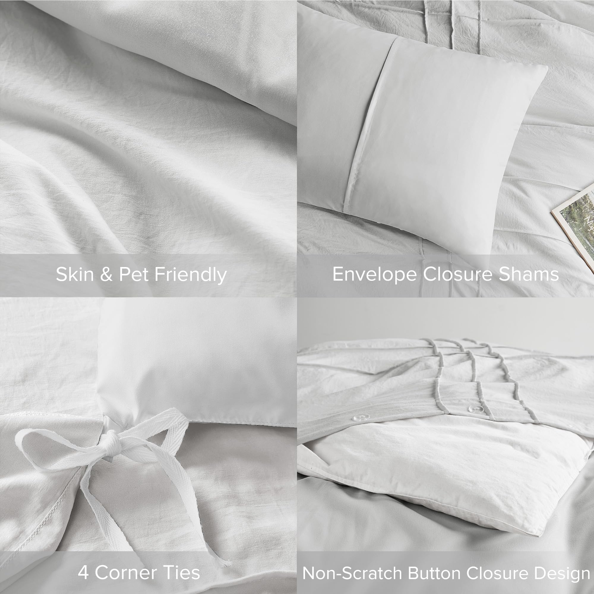 Comfort Spaces Silver Queen Size Duvet Cover Set - 3-Pc Pintuck Pleated Duvet Cover Queen, All Season Lightweight, Extra Softness Pre-Washed Microfiber Queen Bed Cover Shams, Queen