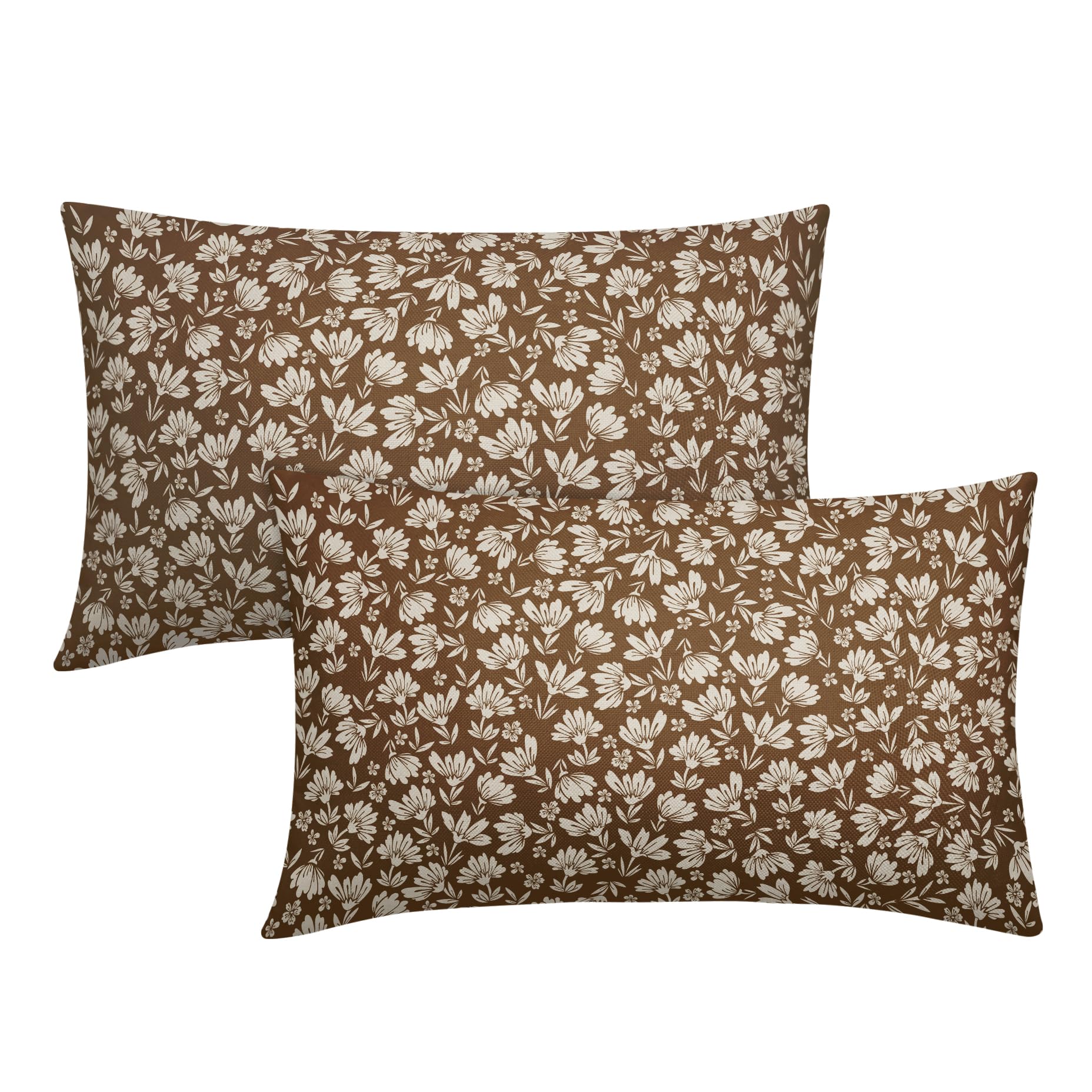 Kawani Brown Beige Daisy Floral Lumbar Pillow Covers 12X20 Inch Vintage Flowers Pillow Cases Set Of 2 Block Print Cotton Linen T