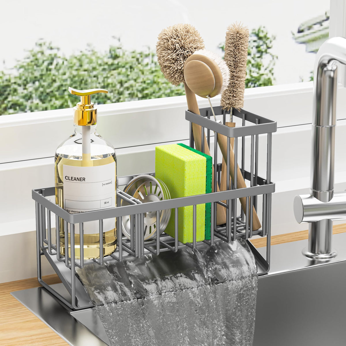Cisily Kitchen Sink Caddy, Sponge Holder For Kitchen Sink, Kitchen Sink Organzier And Storage With High Brush Holder, 304 Stainl