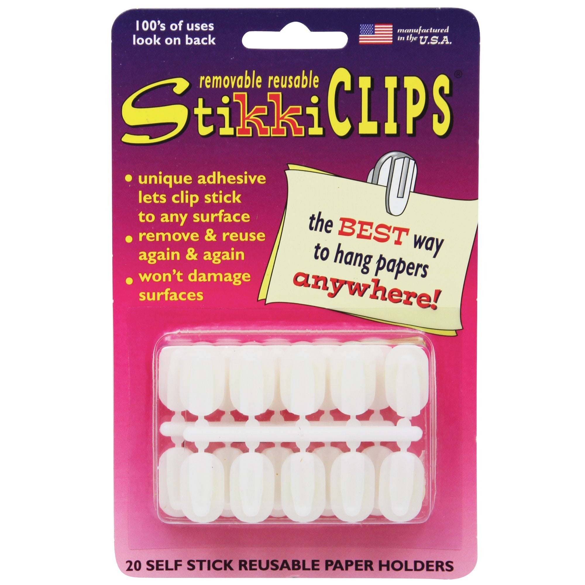 Stikkiworks Stk01320Bn Stikki Clips Self-Stick Reusable Paper Holders, White, 20 Per Pack, 6 Packs