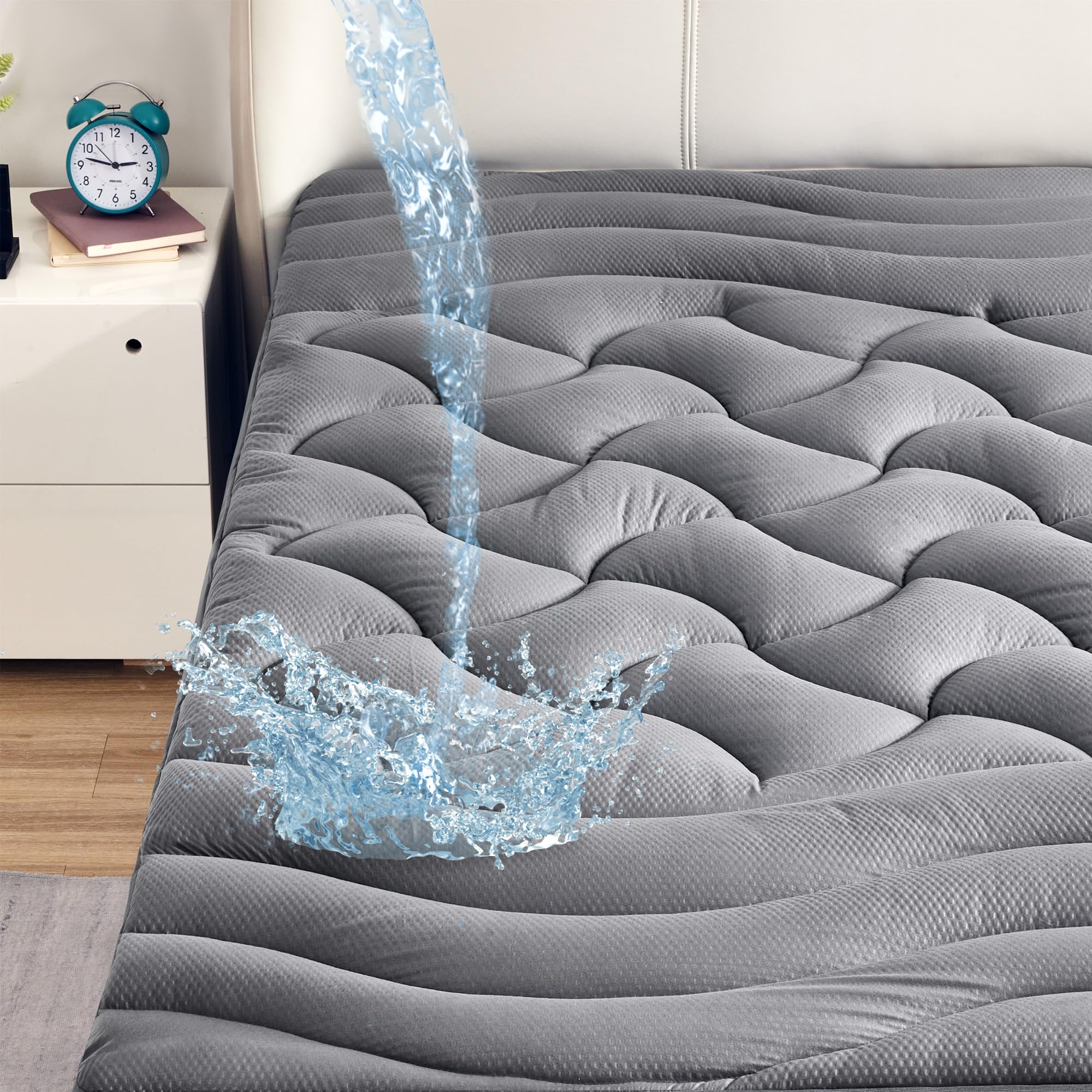 Sleep Zone Cooling King Mattress Pad For Back Pain Relief, Extra Thick And Waterproof Pillow Top Bed Cover, 78 X 80 Inches (Grey
