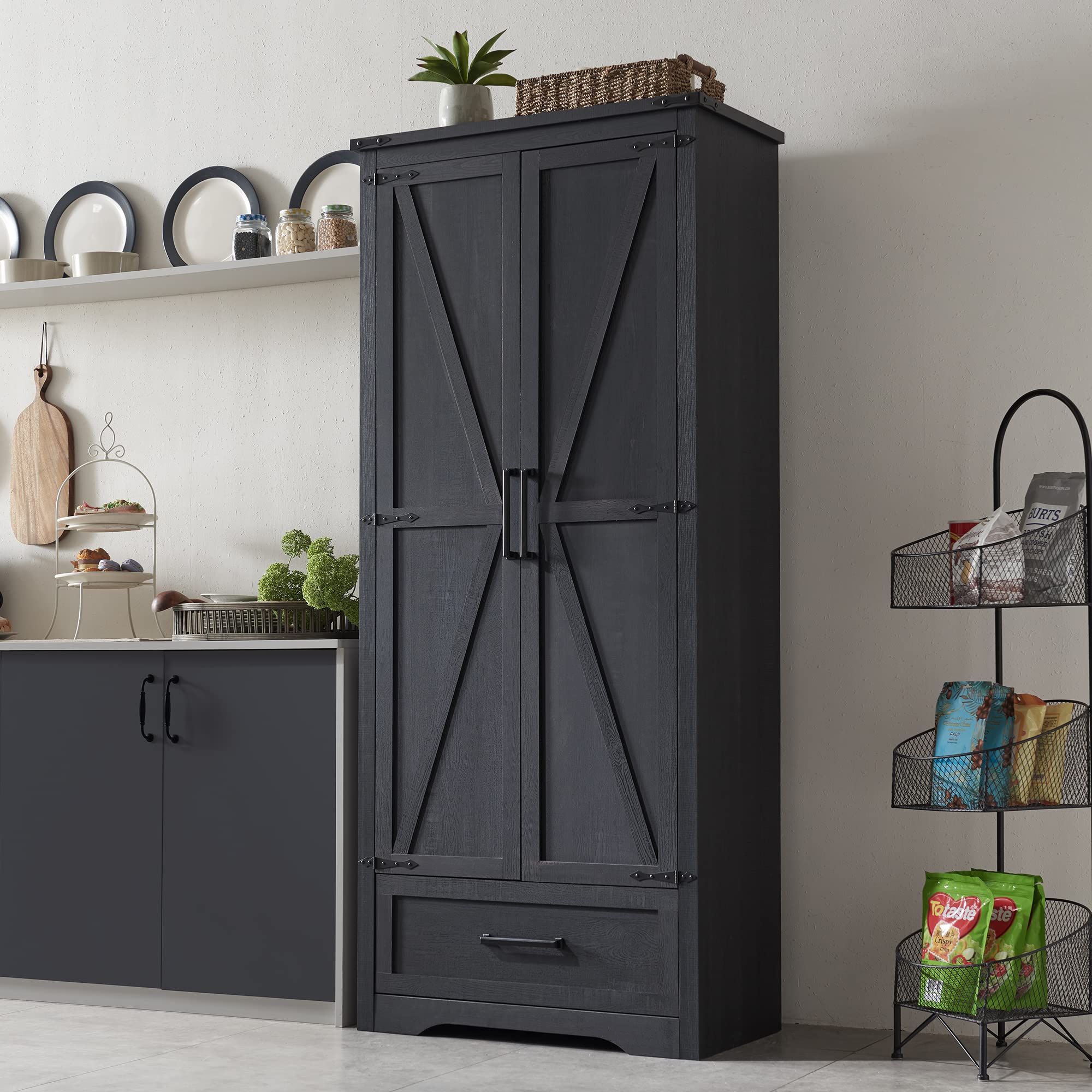 Farmhouse Kitchen Pantry Cabinet - 72' Tall Large Wood Kitchen Storage Cabinets With Adjustable Shelves & 2 Barn Doors & Drawer, Versatile Storage For Dining Room, Bathroom, Living Room, Antique Black