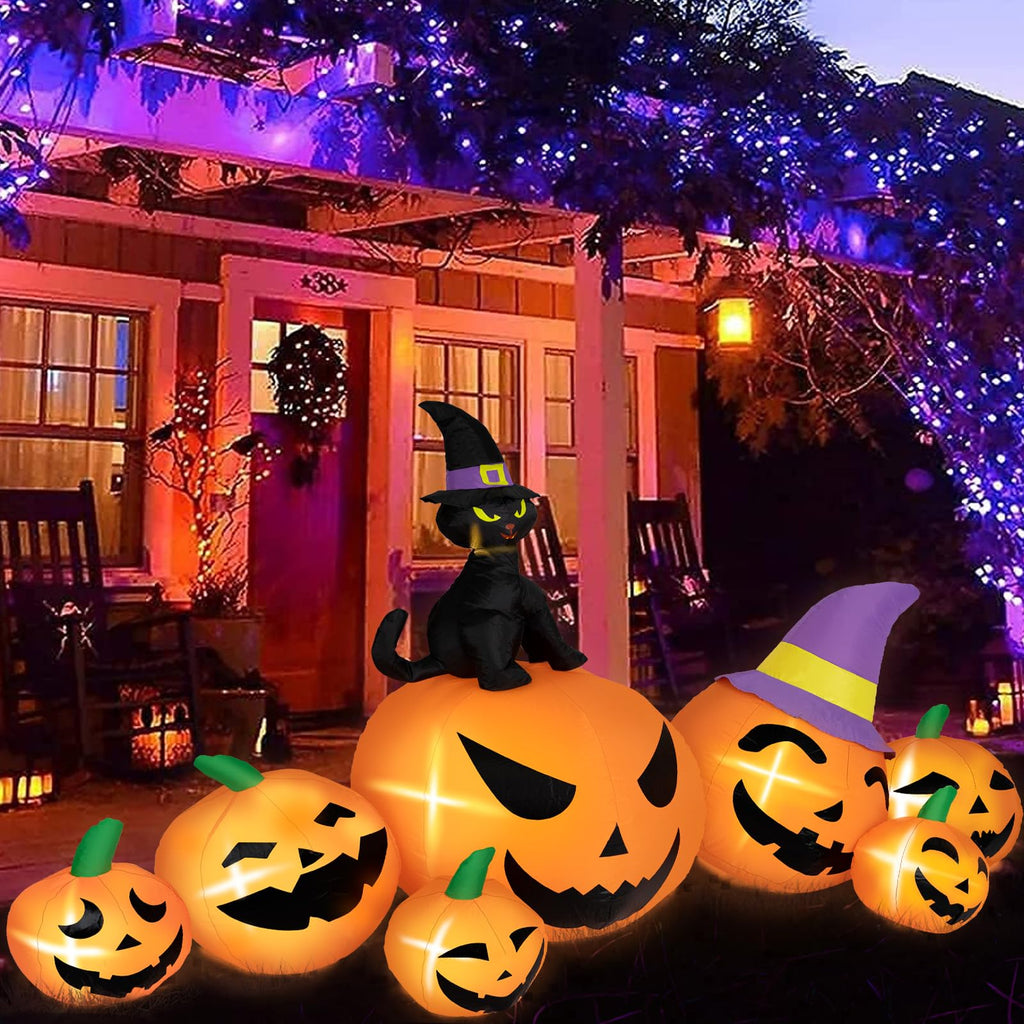 BRDJade 8FT Long Halloween Inflatables Pumpkin Outdoor Decorations, 7 Blow Up Pumpkins Inflatables with Witch Hat & Black Cat Bu