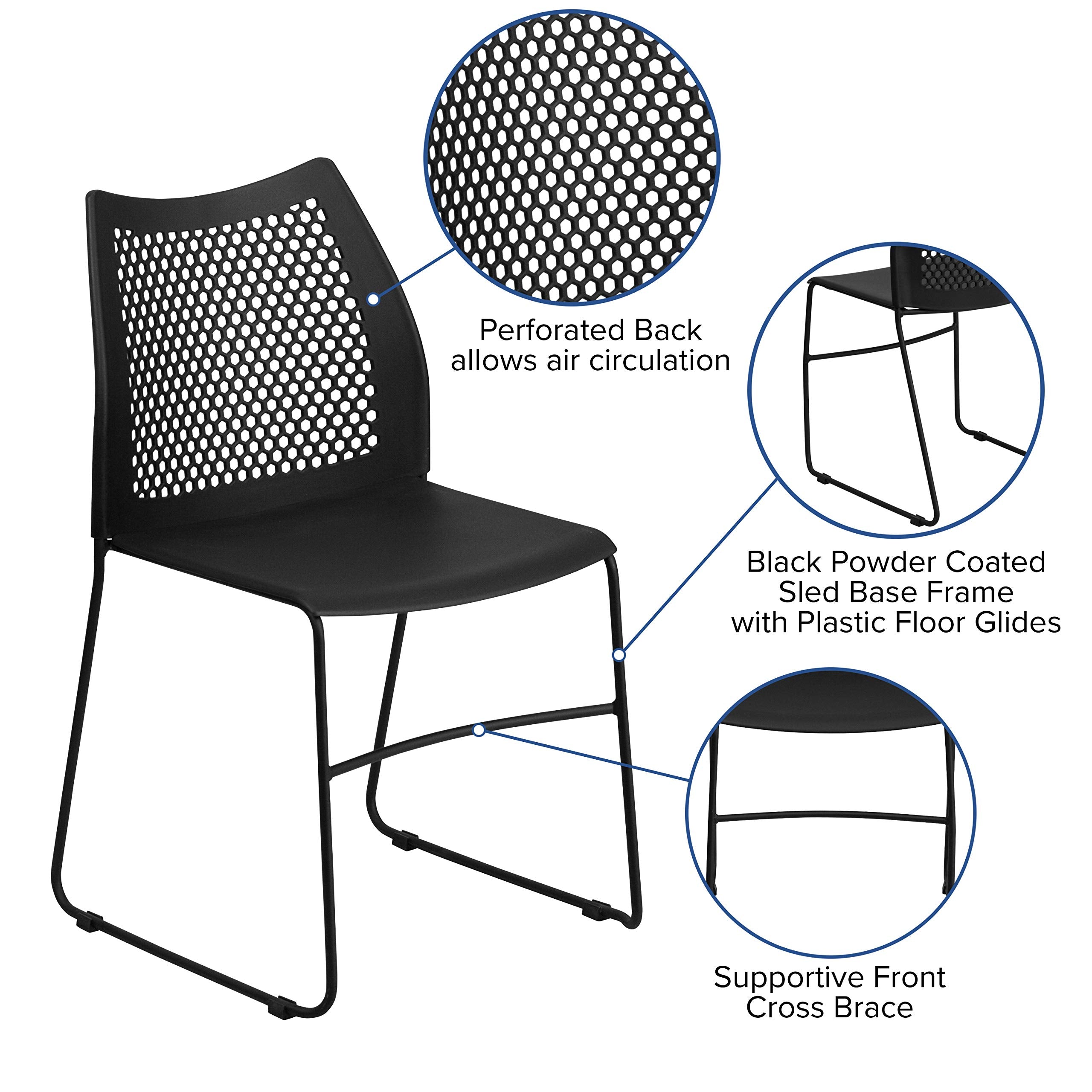 Flash Furniture HERCULES Series 661 lb. Capacity Black Stack Chair with Air-Vent Back and Black Powder Coated Sled Base