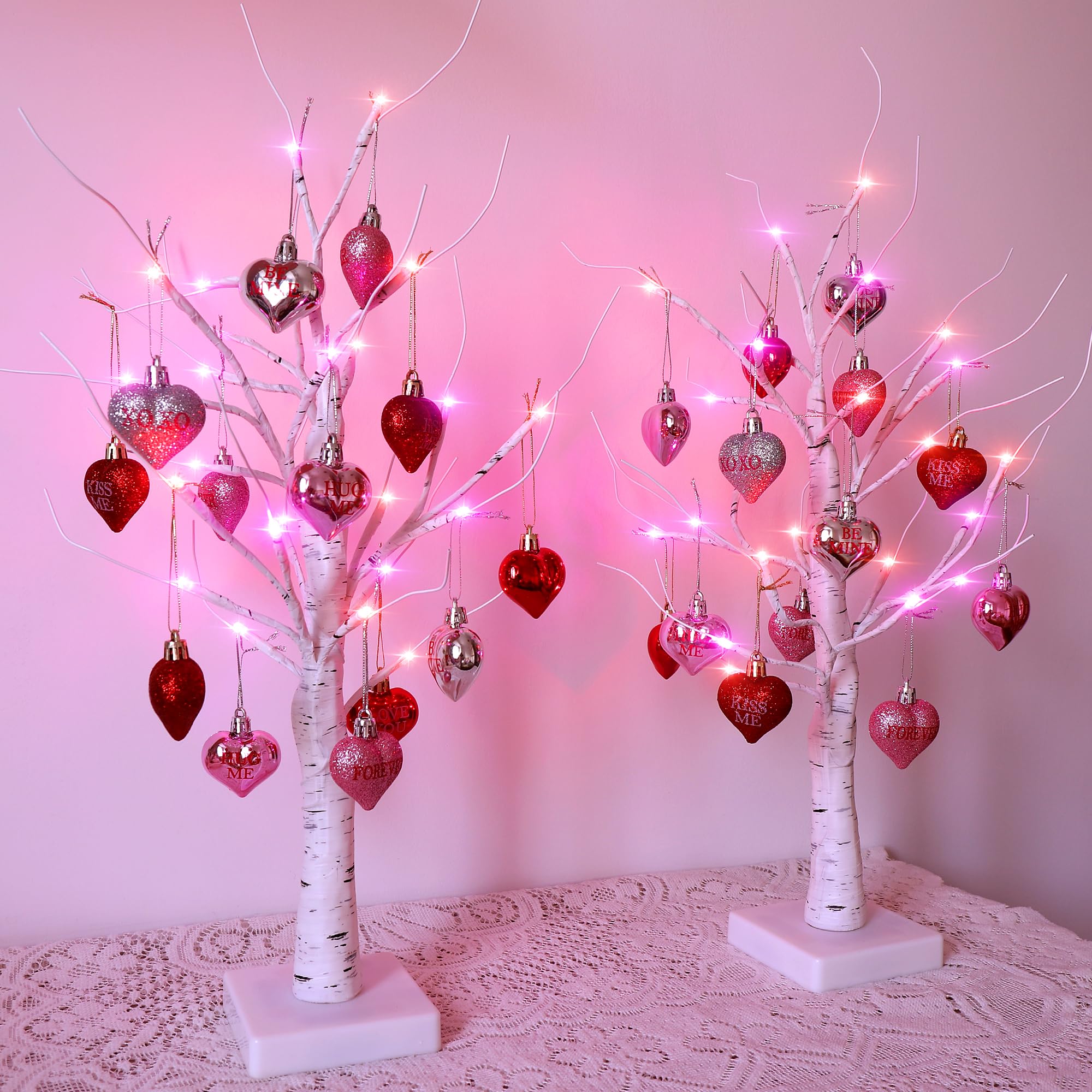 Valentines Day Lighted Birch Tree Decorations, 24 Inch Small Table Top Artificial LED Lights Tree Decor with White Branches and 