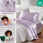 Madison Park Essentials Satin Sheets Twin Size, Luxurious Silky Satin Bed Sheets, Elastic 14' Pocket Fits Up To 16' Mattress, Wrinkle-Free, Soft Satin Bed Sheet Set, Lilac 4 Piece