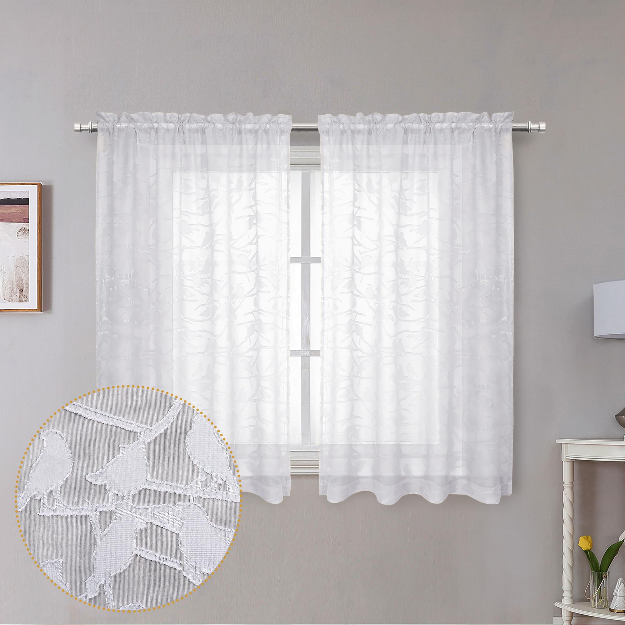 Ovzme Anji Bird White Sheer Curtains 45 Inches Long 2 Panels Set For Small Window, Light Filtering Privacy Cafe Curtains Rod Poc