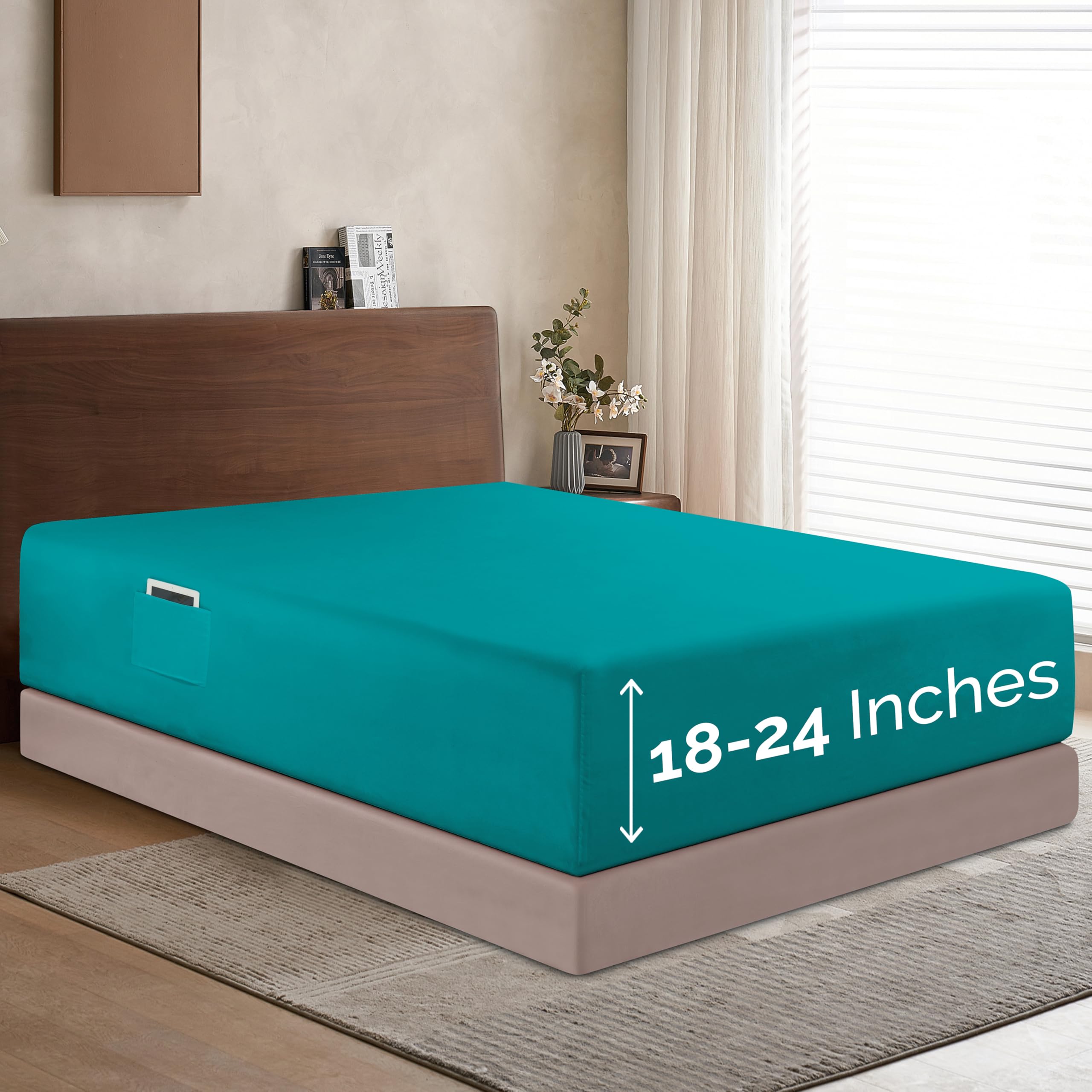 Elegant Comfort 1500 Premium Hotel Quality 18-24 Inches Deep - Extra Deep Pocket Single Fitted Sheet For High Mattress, Luxury And Softest, Smart Pocket - Wrinkle Free, Full, Turquoise