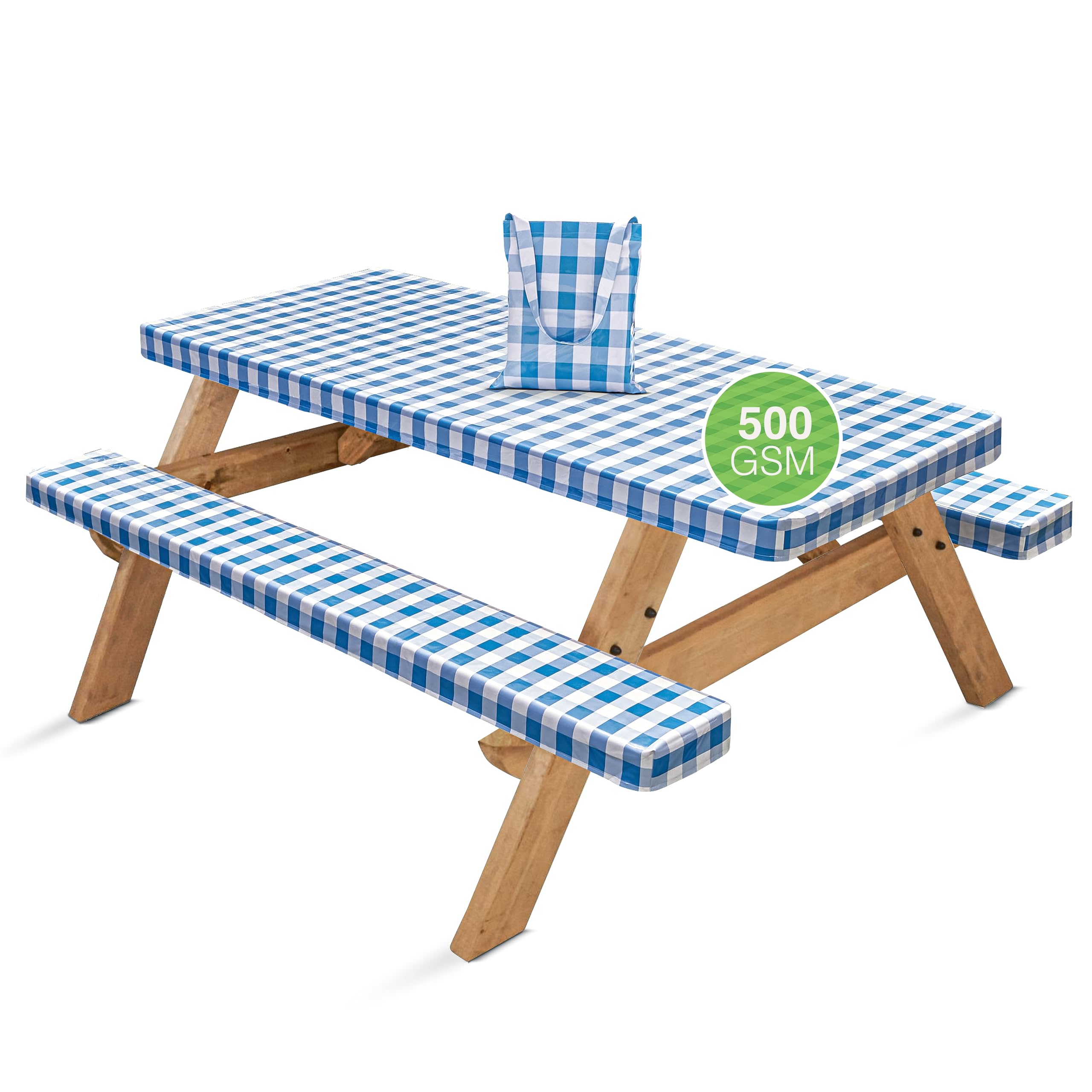 Hudson Comfort Picnic Table Cover With Bench Covers – 500 Gsm Reusable Heavy Duty Vinyl Outdoor Table Cover - Waterproof Picnic Tablecloth With Carry Case (Blue, 72X30 Inch) (6 Feet Long)