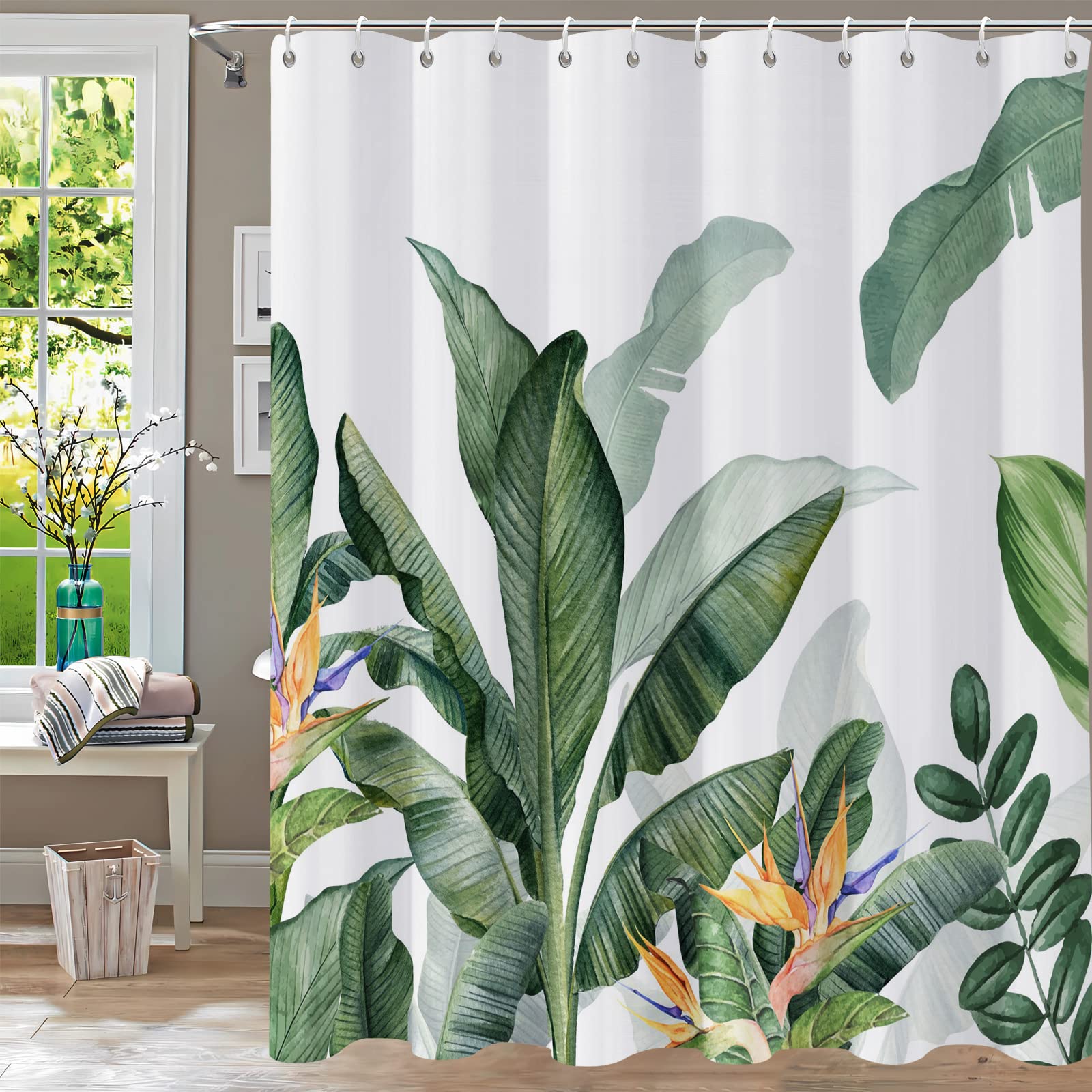 YiarTaan Shower Curtain Tropical Green Plant Shower Curtains for Bathroom, Leaf Shower Curtain, Botanical Shower Curtain Sets, S