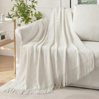 Miulee Off White Knitted Throw Blanket For Couch Textured Knit Blanket With Tassels Cozy Woven Boho Bed Blanket For Sofa Bed Chair Acrylic Wave Pattern 50'X60'