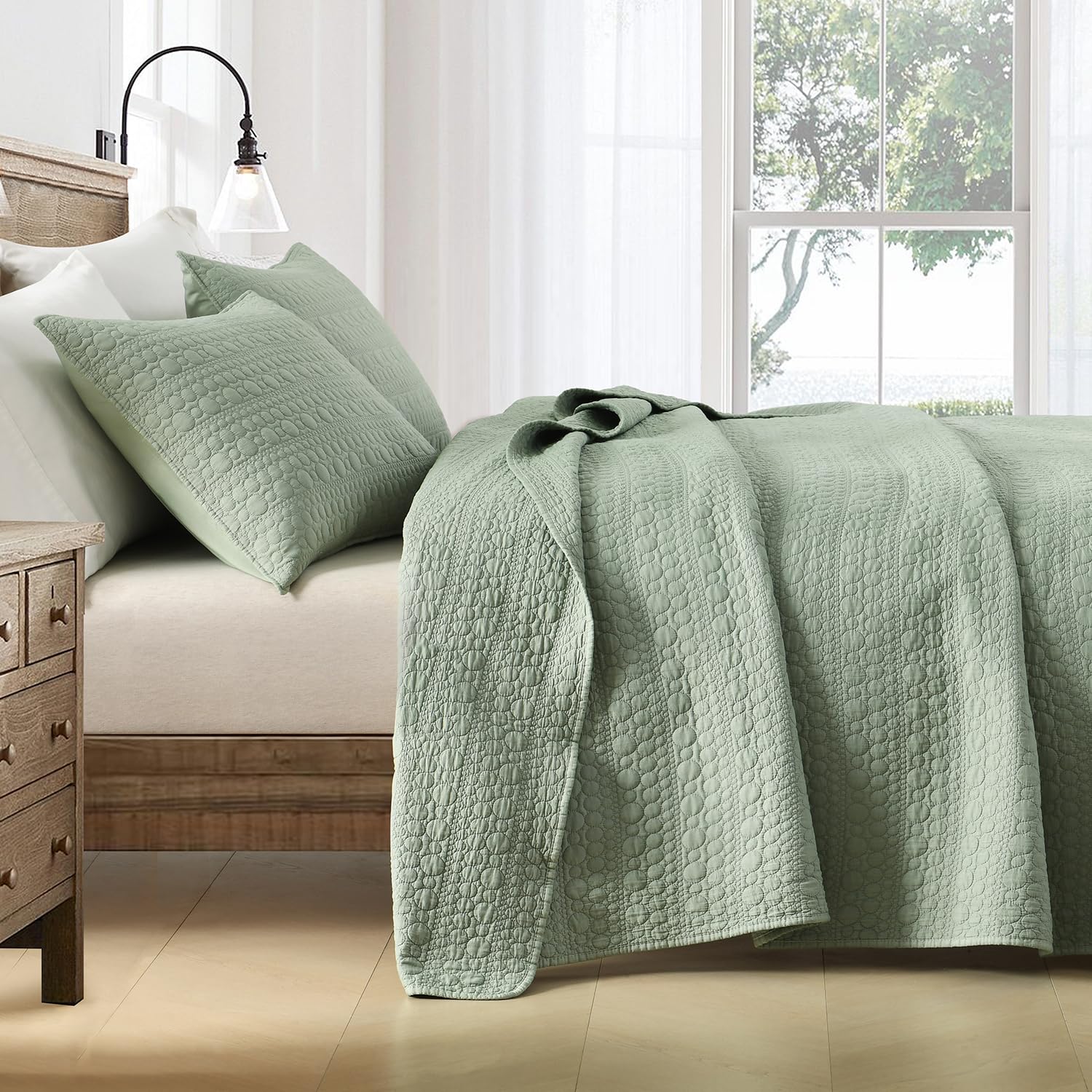 Horimote Home Quilt Set King Size Sage Green, Classic Geometric Spots Stitched Pattern, Stone-Washed Microfiber Chic Rustic Look