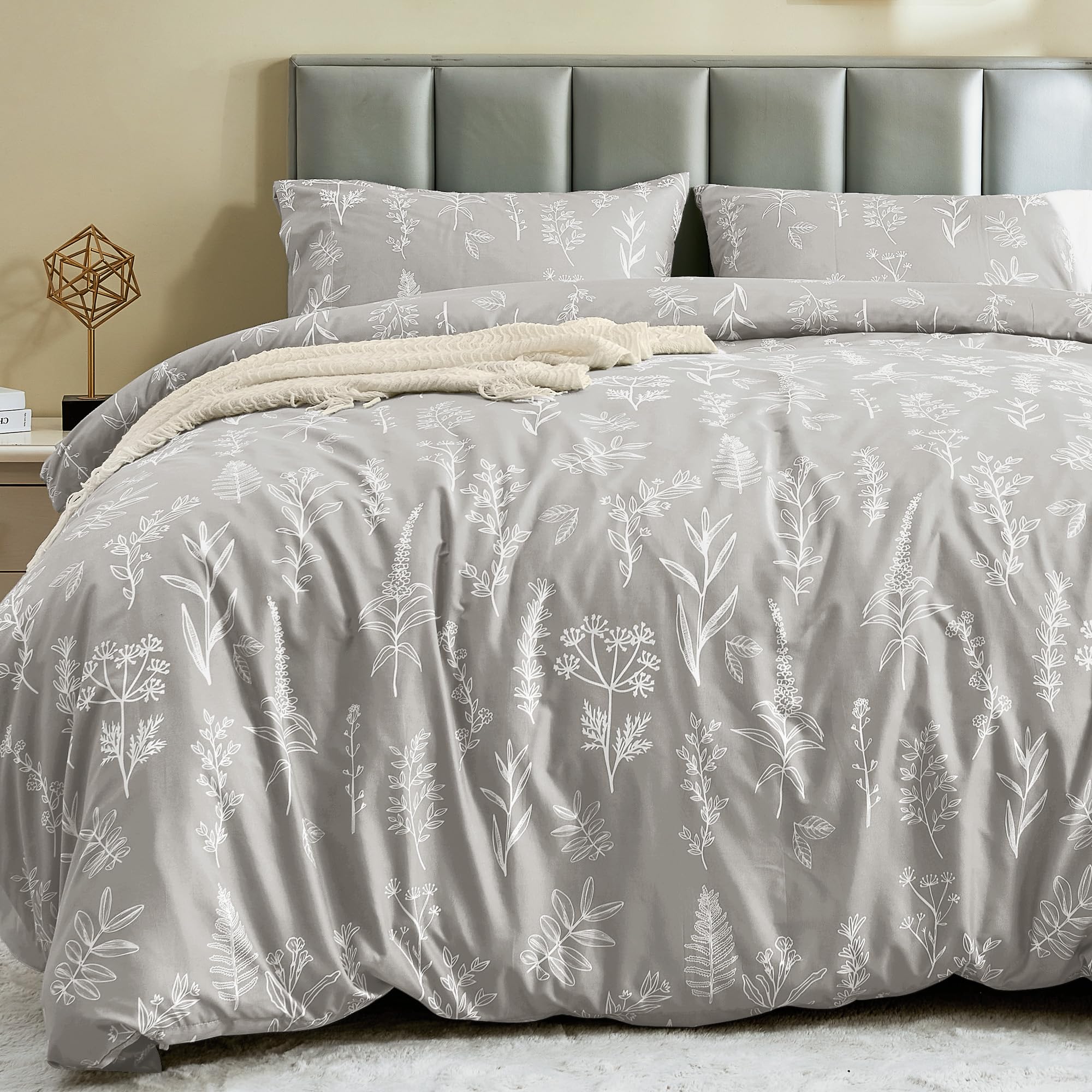 Muxhomo Duvet Cover Queen Size, Reversible Floral Silver Gray Duvet Cover Set With Zipper Closure, 3 Pieces Botanical Patterns S