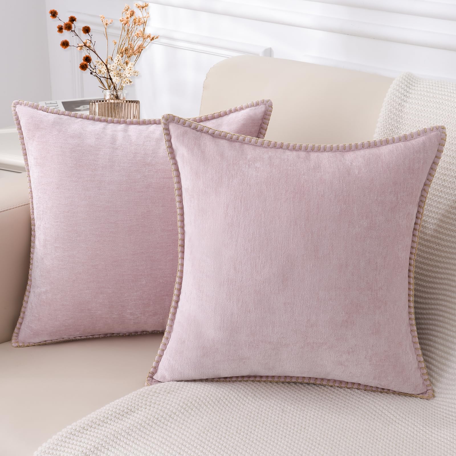 Decoruhome Valentine'S Day Chenille Soft Throw Pillow Covers 22X22 Set Of 2, Farmhouse Velvet Spring Pillow Covers, Decorative Square Pillow Covers With Stitched Edge For Couch Sofa Bed, Blush Pink