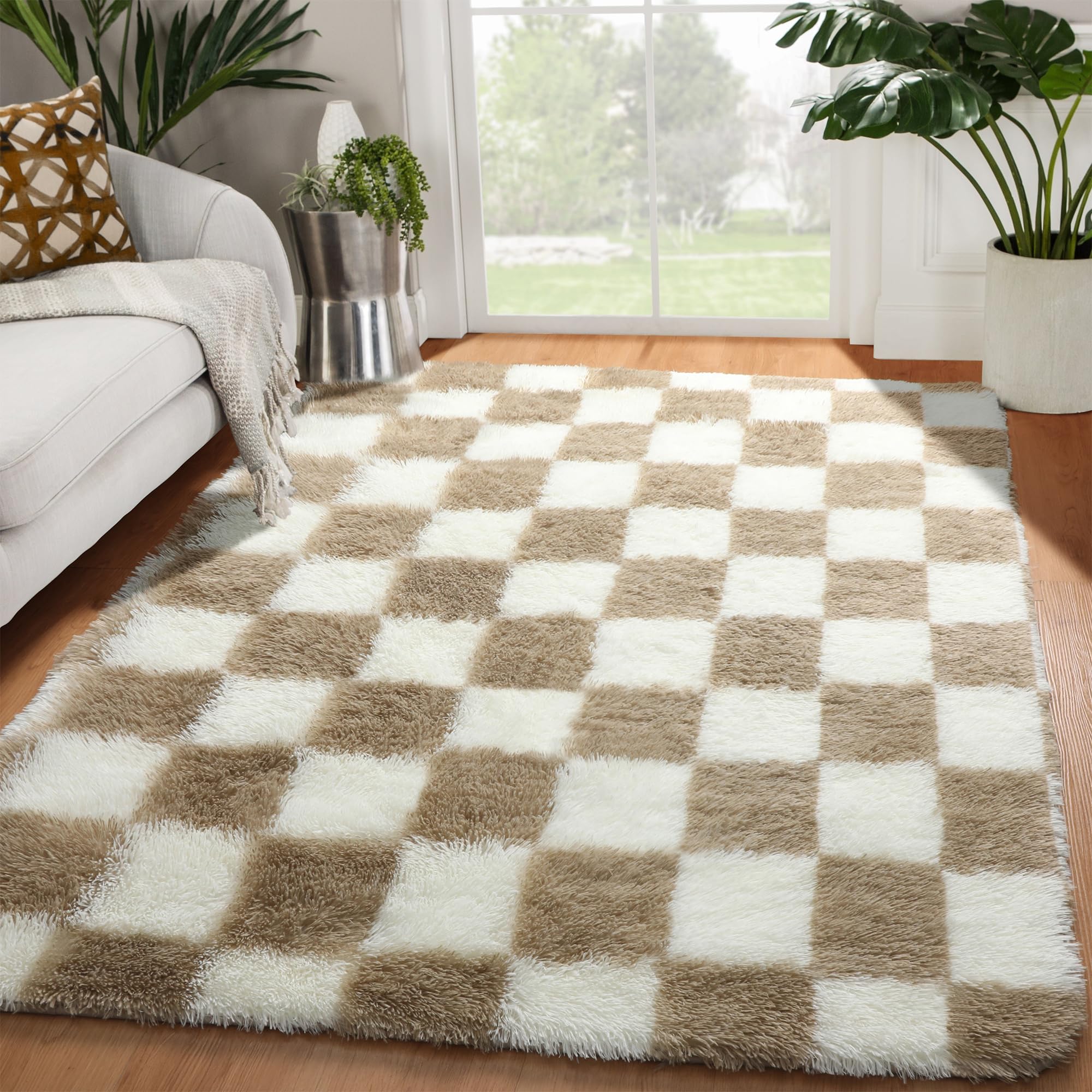 KICMOR Beige and Cream White Area Rugs for Bedroom Living Room, 4x6 Fluffy Shag Shaggy Fuzzy Checkered Rug, Soft and Comfy Carpe