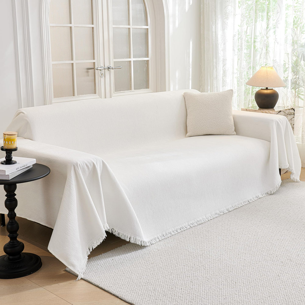 MYSKY HOME Sofa Covers for 2 Cushion Couch L Shaped Couch Cover Washable Couch Cover with Tassels Boho Couch Cover Non Slip Supe