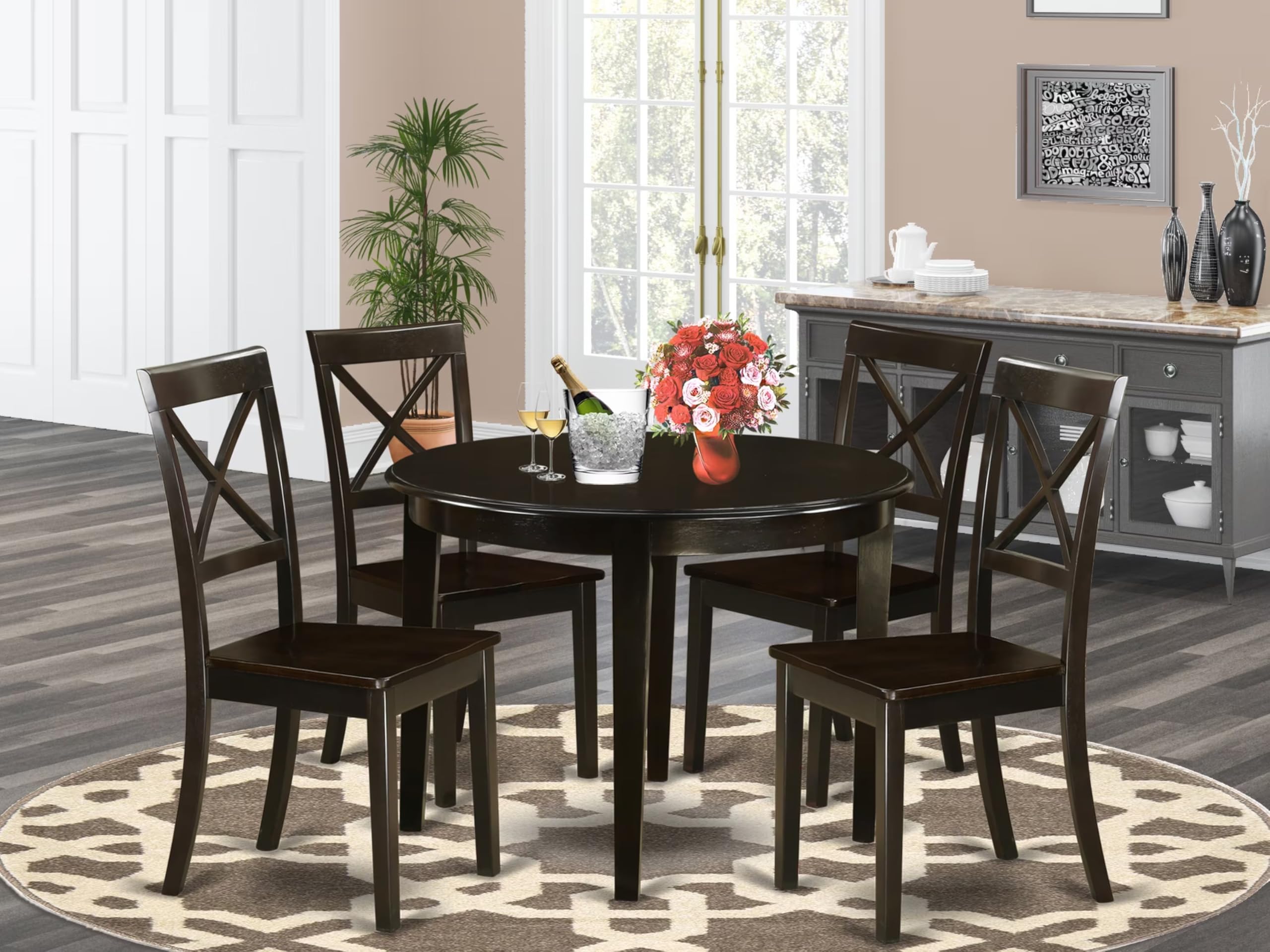 East West Furniture BOST5-CAP-W 5 Piece Kitchen Table & Chairs Set Includes a Round Dining Room Table and 4 Dining Chairs, 42x42 Inch, Cappuccino