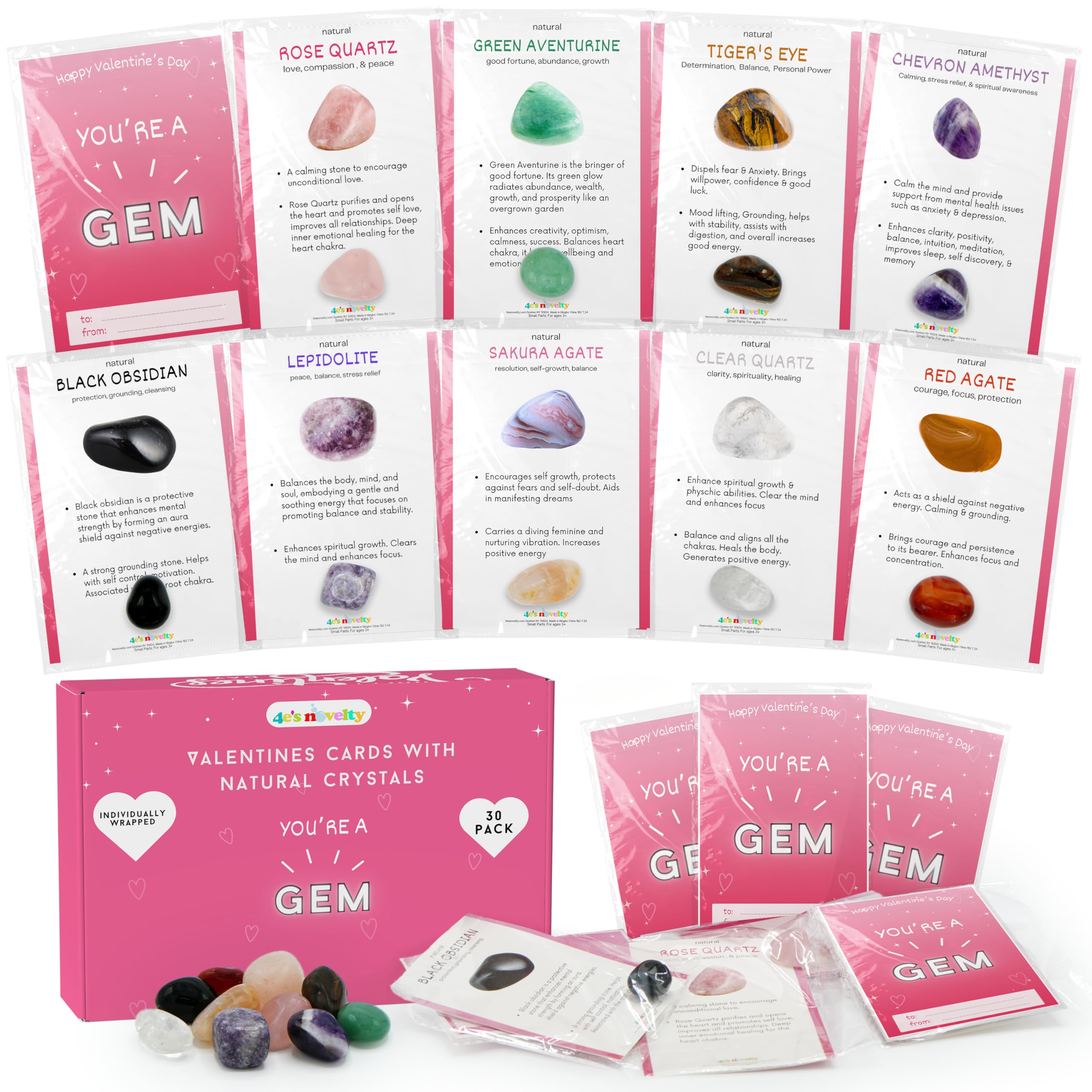 4Es Novelty Youre a Gem Cards with Natural Gems - 30 Pack Individually Wrapped Gemstone Valentines Cards with Crystals Rock,Va