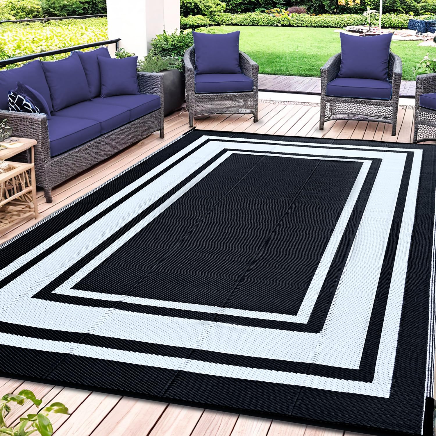Satisinside Outdoor Rug 9X12 Ft Waterproof Plastic Straw Rugs For Patio Clearance,Rv,Beach,Camping, Backyard,Porch, Picnic, Blac