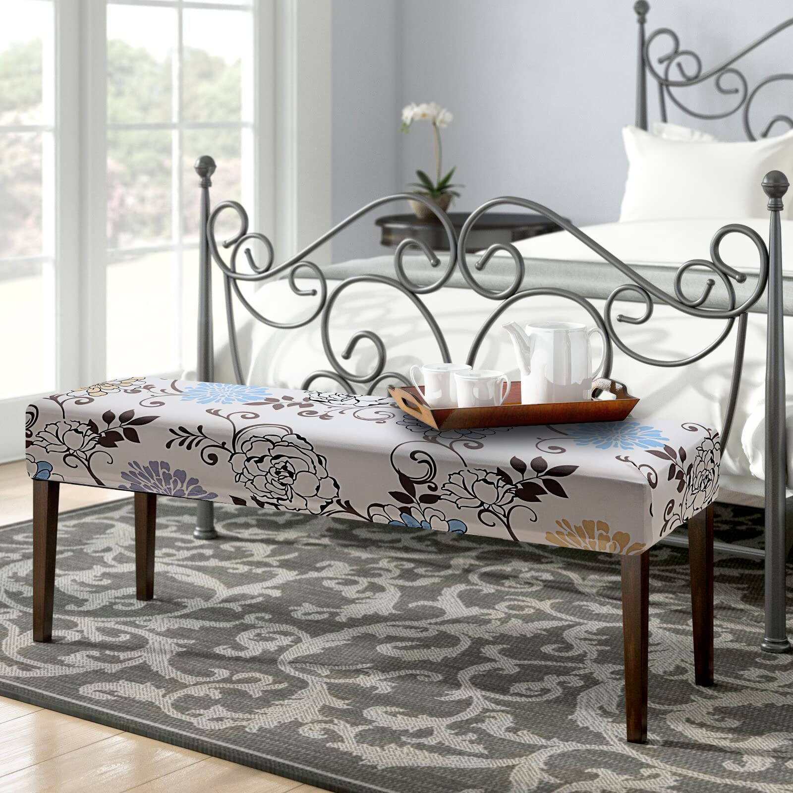 Fuloon Stretch Dining Bench Cover, Anti-Dust Removable Bench Slipcover Washable Print Bench Seat Protector Cover For Living Room, Bedroom, Kitchen (Milky White)