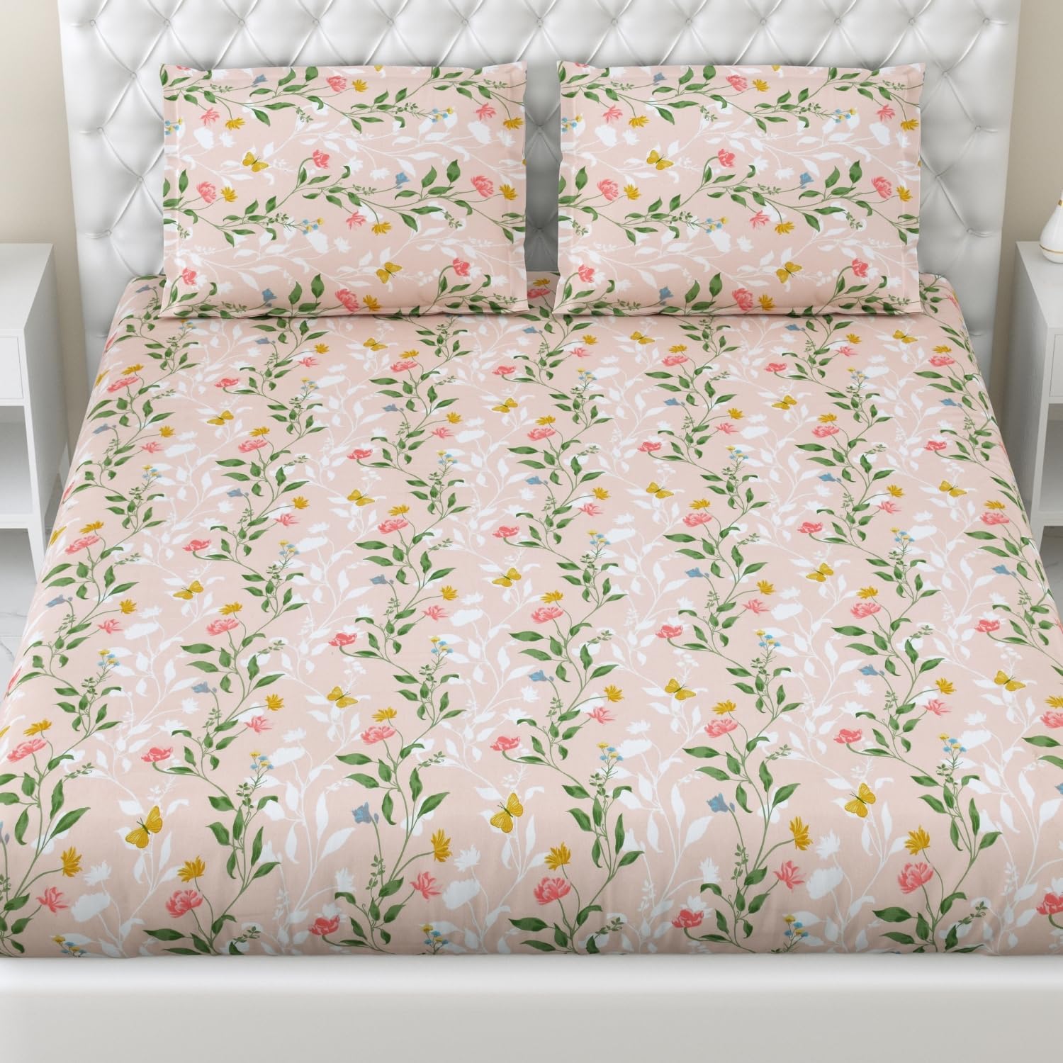 Haus & Kinder 144 Tc Double Bed Pure Cotton Bedsheets For Queen Size Bed With 2 Pillow CoversWildflower Dream Bedsheet, Multico