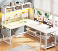 SEDETA White L Shaped Office Desk, 57.5    Corner Computer Desk with Power Outlet Pegboard and Keyboard Tray, Gaming Table with 