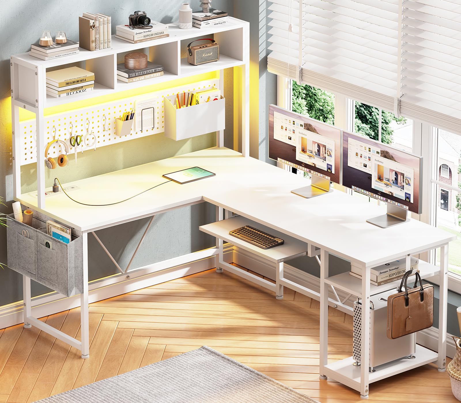 SEDETA White L Shaped Office Desk, 57.5    Corner Computer Desk with Power Outlet Pegboard and Keyboard Tray, Gaming Table with 