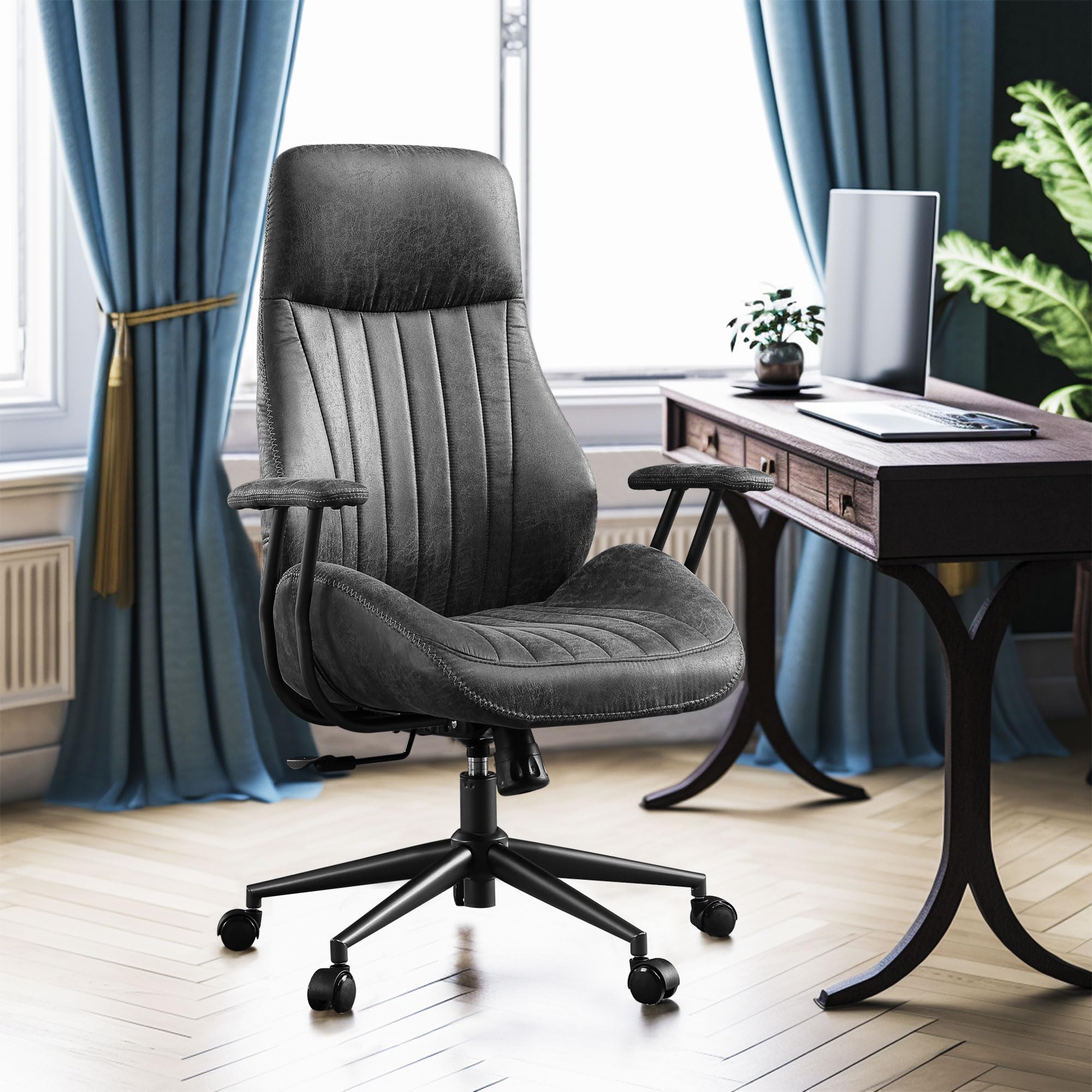 Caodoc High Back Office Chair,Modern Swivel Office Chair,Black Suede Fabric Gaming Chair,Height Adjustable Home Office Desk Chai