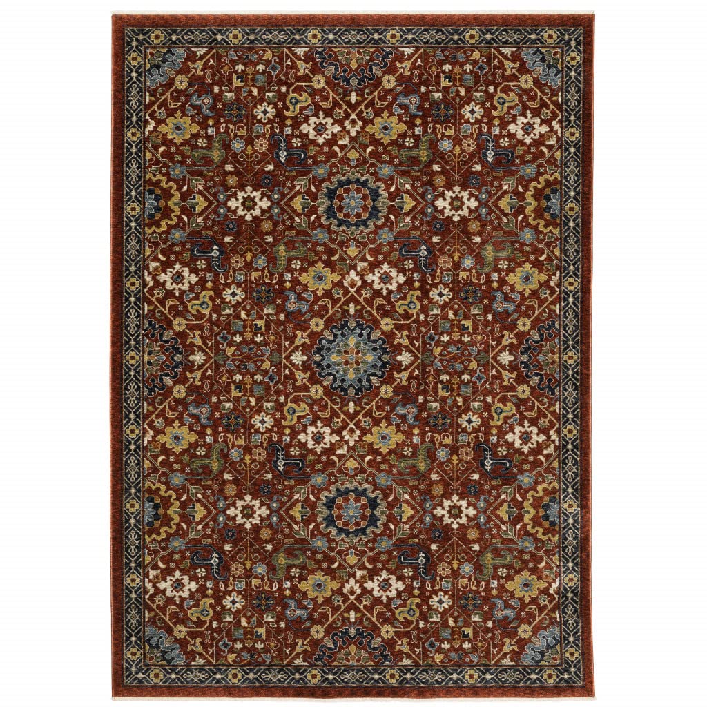 HomeRoots 507981 10 x 13 ft. Red Blue Gold & Ivory Oriental Power Loom Stain Resistant Rectangle Area Rug with Fringe