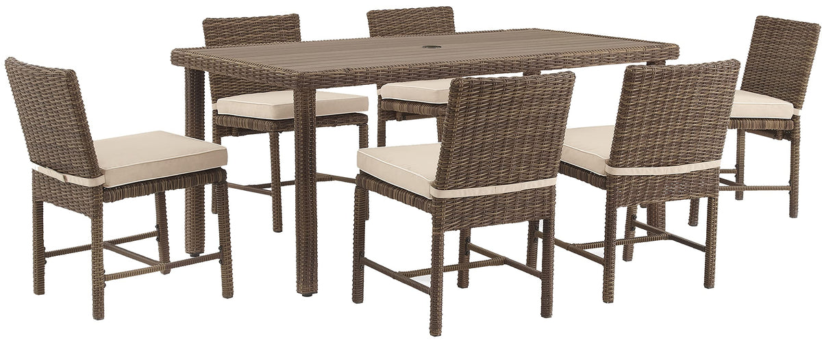 Crosley Furniture Bradenton 7-Piece Outdoor Dining Set for 6, Wicker Patio Table and Chairs for Backyard, Weathered Brown with Sand Cushions