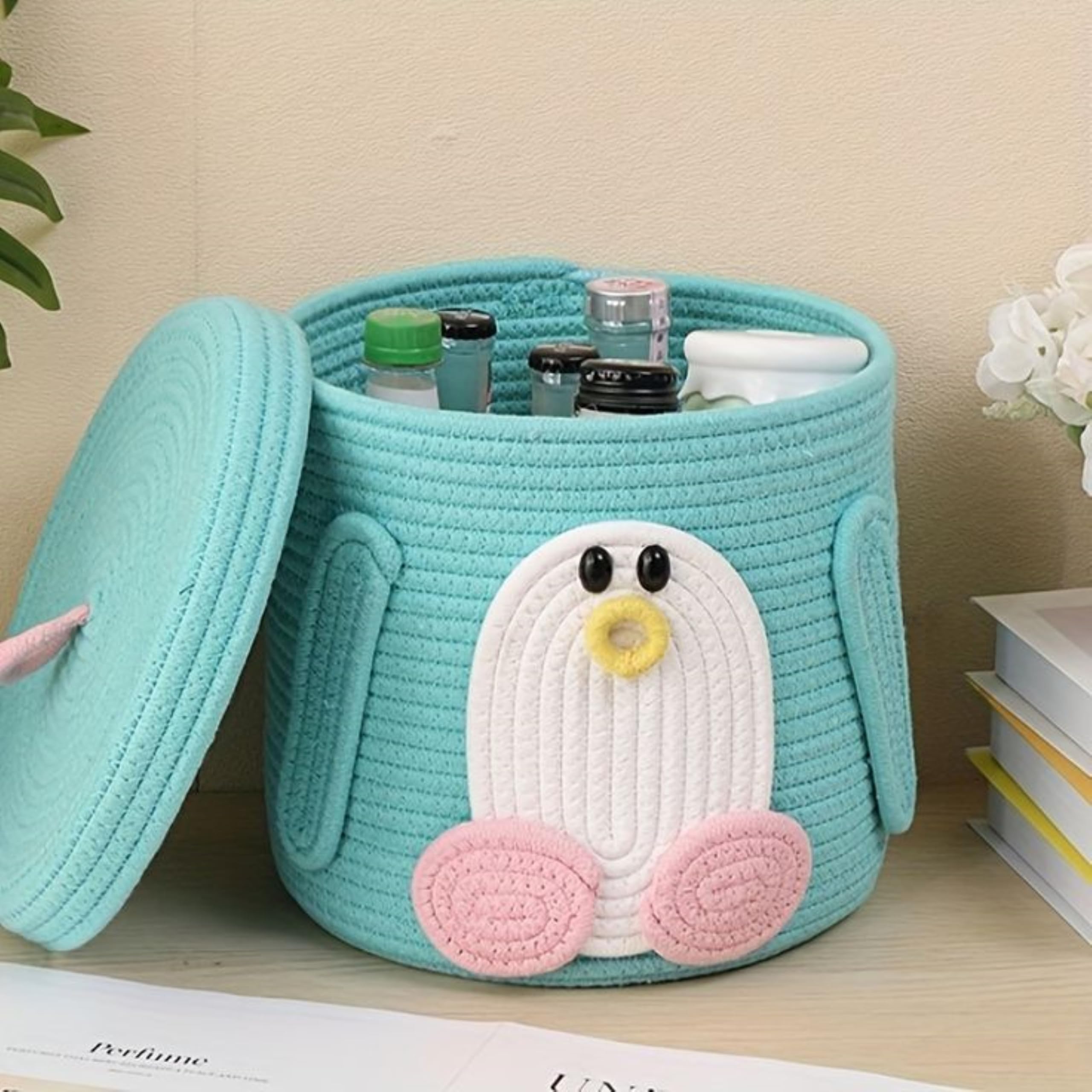 Jute Basket For Storage Cotton Rope Toys Basket With Lid Handwoven Natural Foldable Laundry Hamper For Home, Office, Living Room