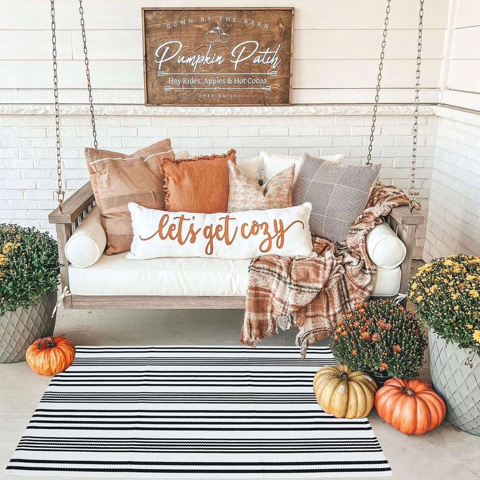 Black And White Striped Outdoor Rug Front Porch Rug 27.5'X43' Cotton Hand-Woven Welcome Mats Layered Door Mats For Front Porch