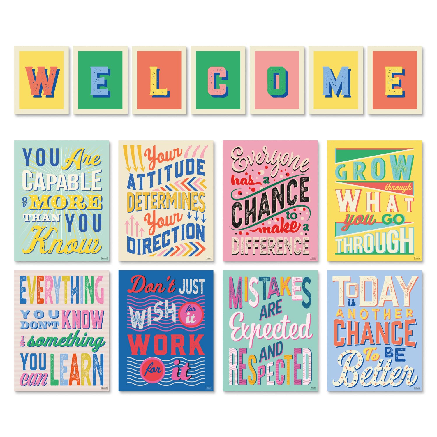 Set Of 8 Growth Mindset Posters & Welcome Letters For Teachers & Students - Bedroom, Office & Classroom Decor To Inspire Young M