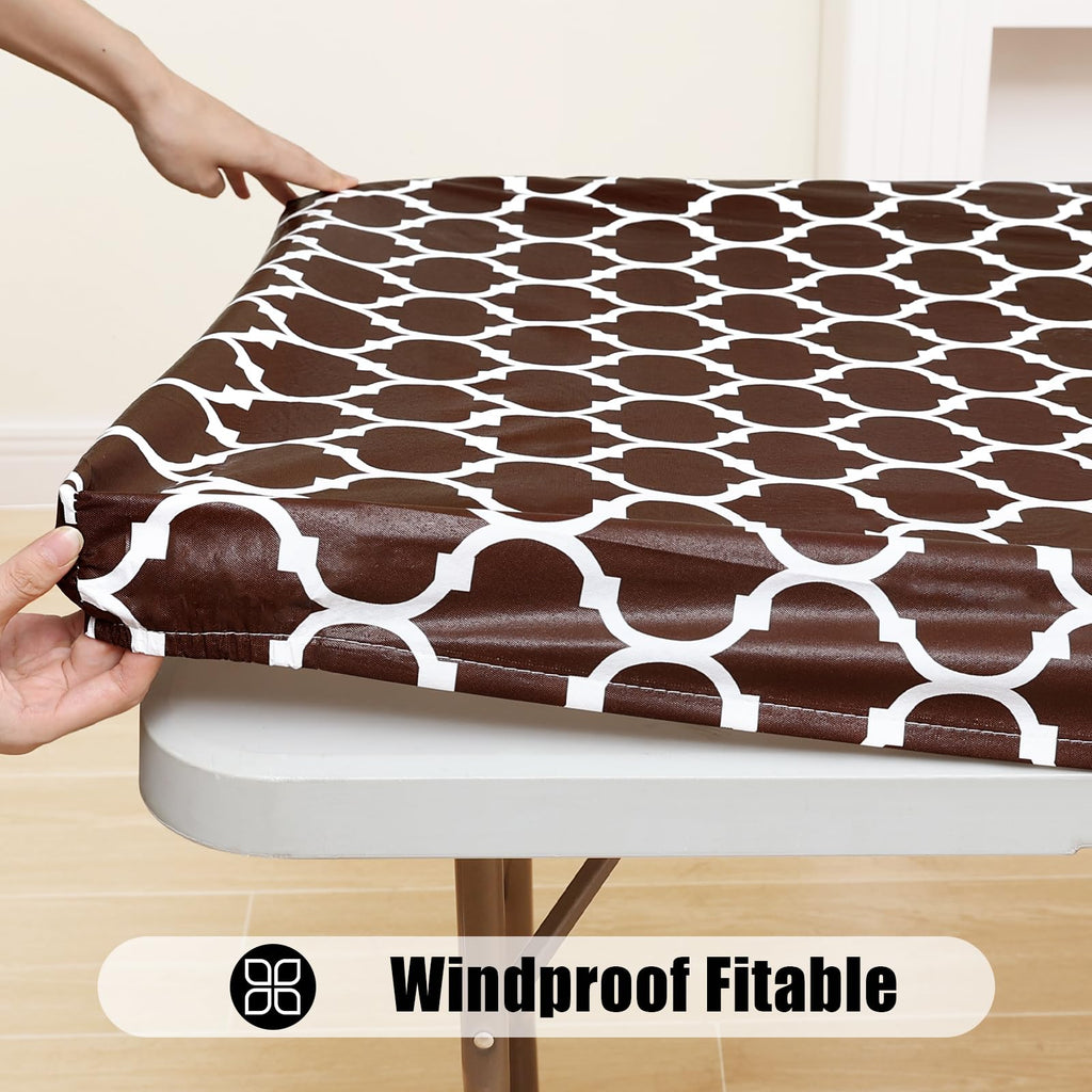 Smiry Rectangle Picnic Table Cover, Waterproof Elastic Fitted Camping Table Covers For 8 Foot Tables, Wipeable Flannel Backed Vinyl Tablecloth Protector For Indoor, Outdoor (Coffee, 30X96 Inches)
