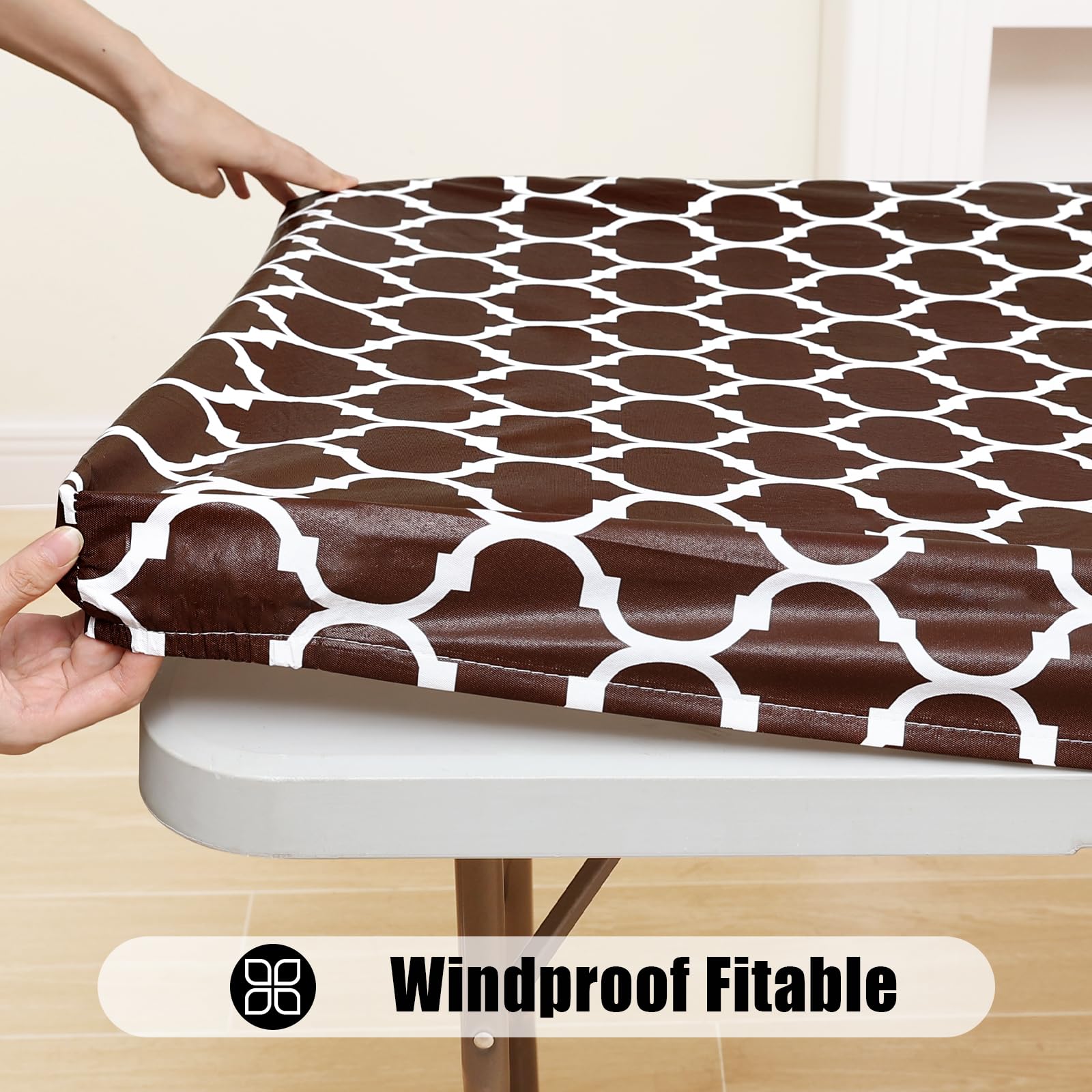 Smiry Rectangle Picnic Table Cover, Waterproof Elastic Fitted Camping Table Covers For 8 Foot Tables, Wipeable Flannel Backed Vinyl Tablecloth Protector For Indoor, Outdoor (Coffee, 30X96 Inches)