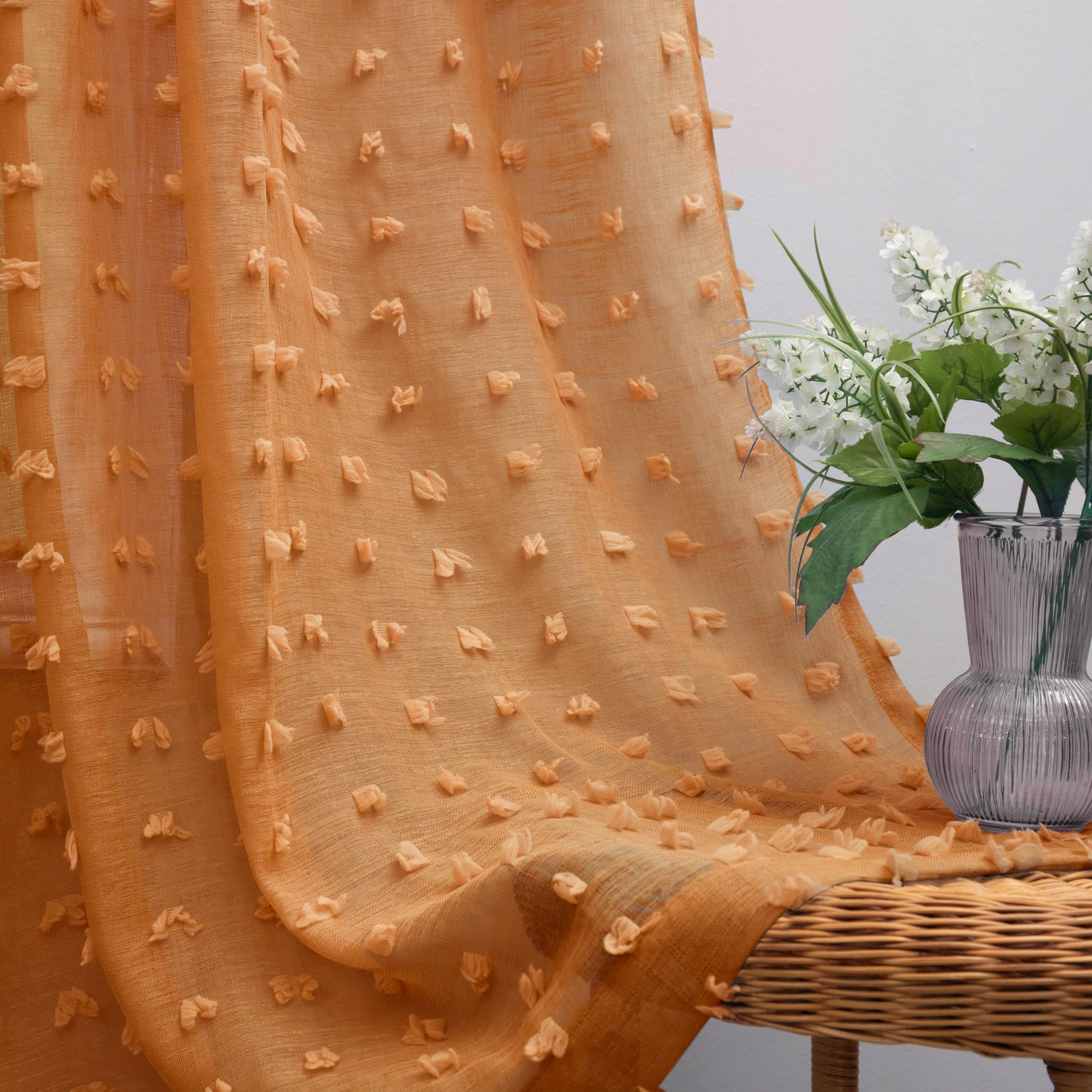 Koufall Burnt Orange Curtains 84 Inch Length For Living Room,Bohemian Autumn Boho Fall Decor Back Tab Pom Pom Textured Sheer Curtains For Dining Room Bedroom 52X84 Inches Long Set 2 Panels