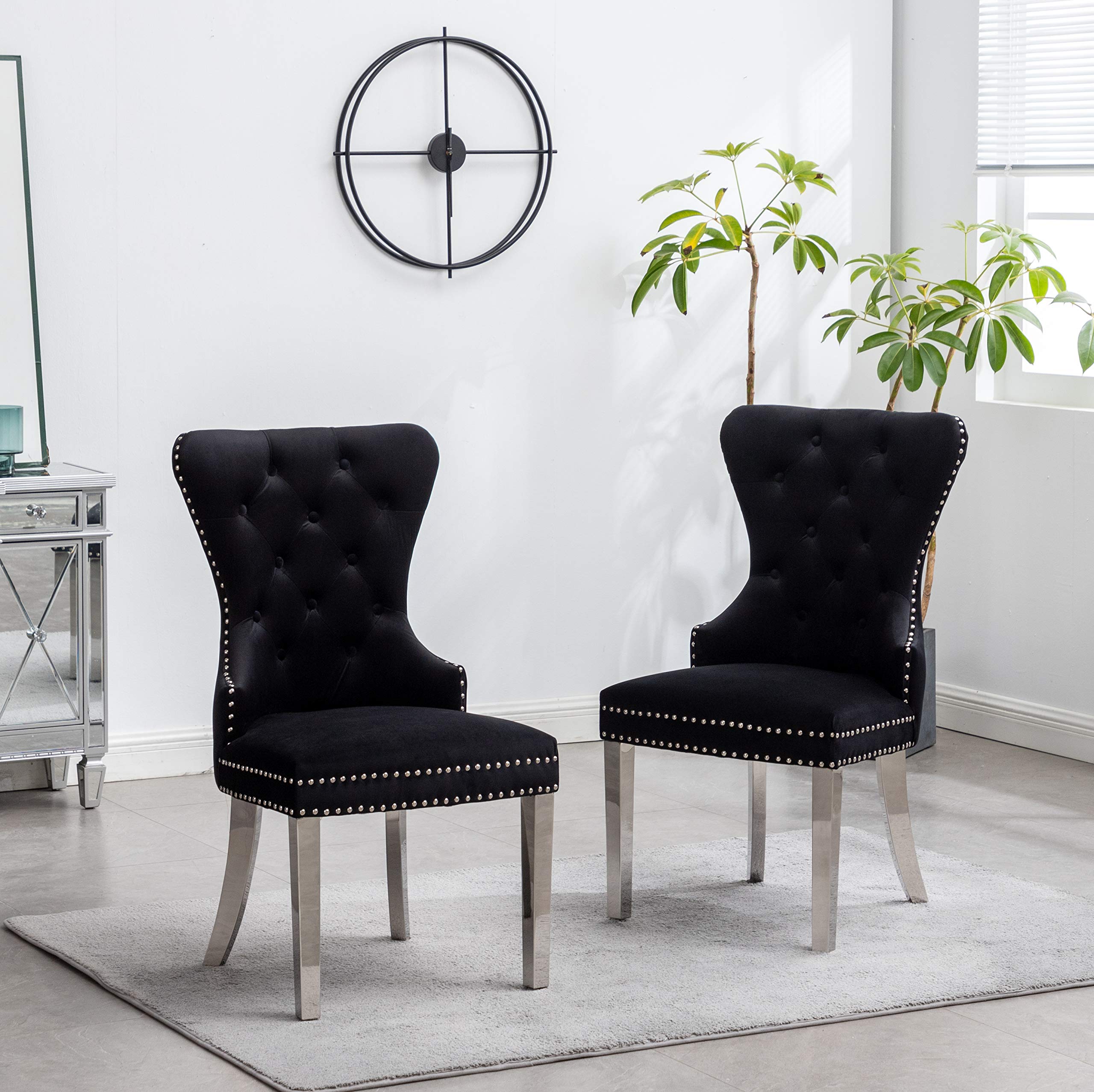 Montura Contemporary Tufted Velvet Chair With Nailhead Trim, Set Of 2, Black