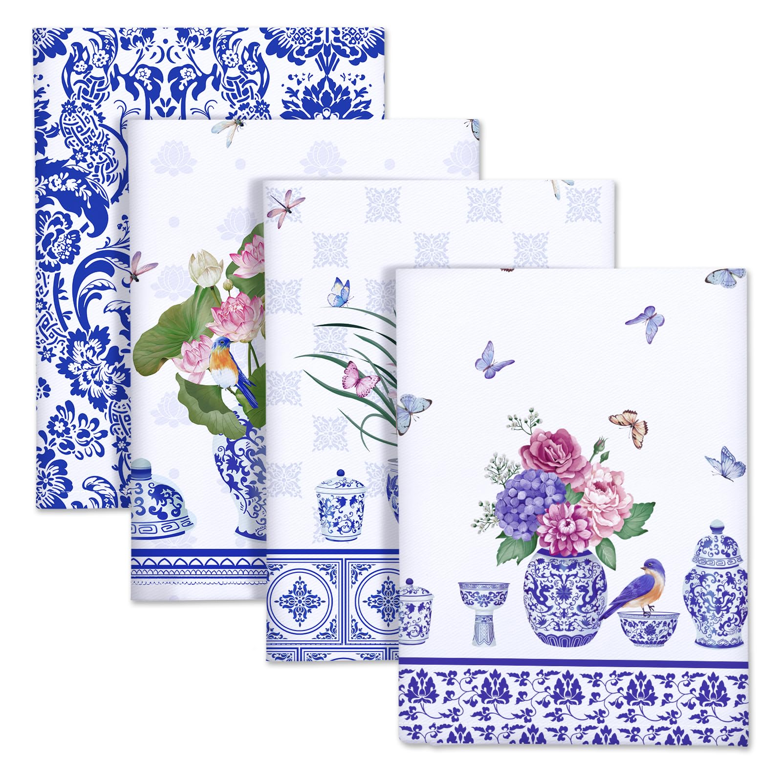 Arquiel Blue and White Porcelain Kitchen Towel 100% Cotton Quick Dry Dish Towels 20 x 27.5inch, Dishcloth Hand Towels for Housew