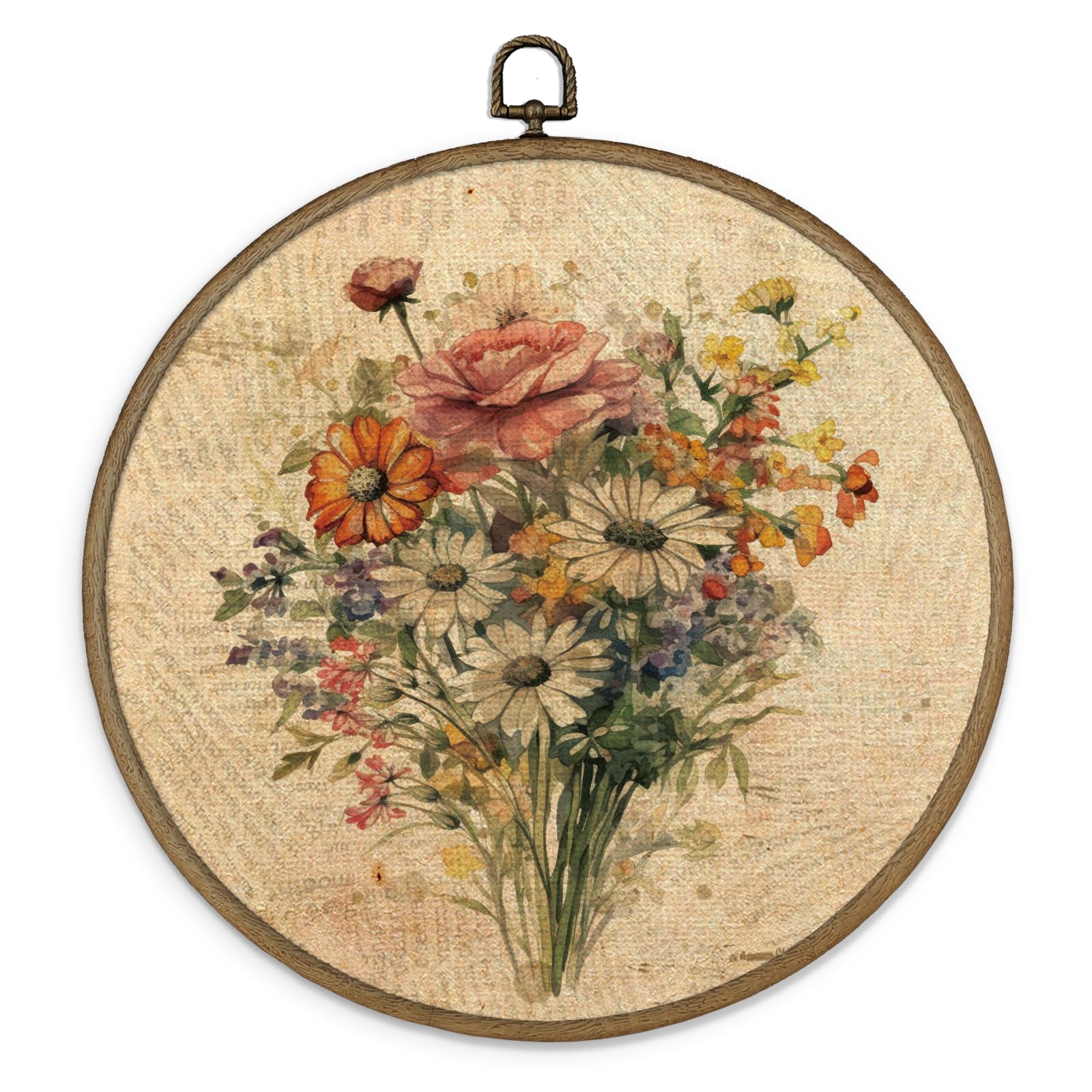 MAQIKA Vintage Floral Framed Wall Art Decor, Botanical Floral Wall Art, Farmhouse Flower Round Wall Hanging Decor,Boho Floral Fl