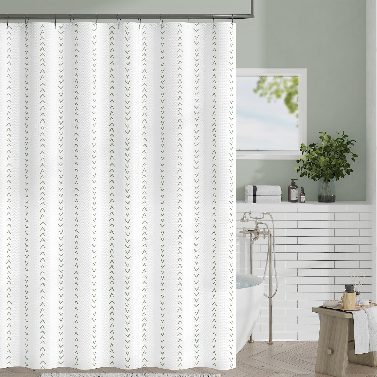 jinchan Green and White Boho Shower Curtain Herringbone Zig Zag Waterproof Fabric Bohemian Modern Farmhouse Arrow Geometric Show