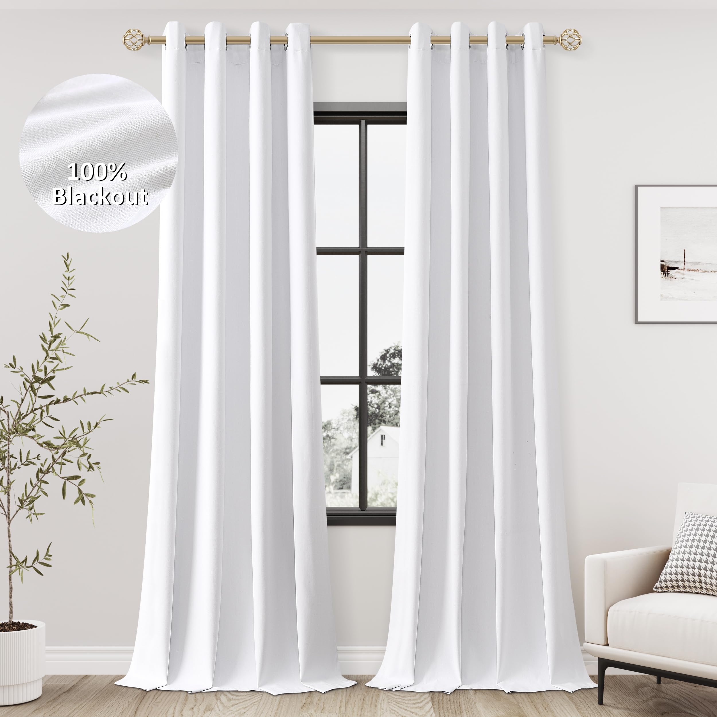 Jowels White Linen Blackout Curtains 108 Length 2 Panels Set For Living Room Bedroom, 100% Black Out Thermal Insulated Linen Dra