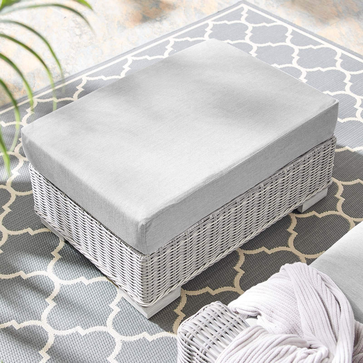 Conway Sunbrella® Outdoor Patio Wicker Rattan Ottoman In Light Gray Gray