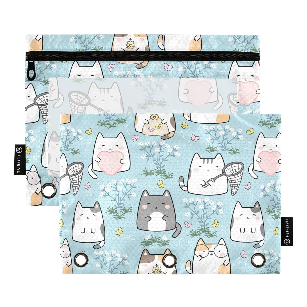 Cupada Pencil Pouch Kawaii Cute Cat 3 Ring Binder Pencil Pouch Clear Window Pencil Cases Storage Zipper Bag For Daily Office Tre