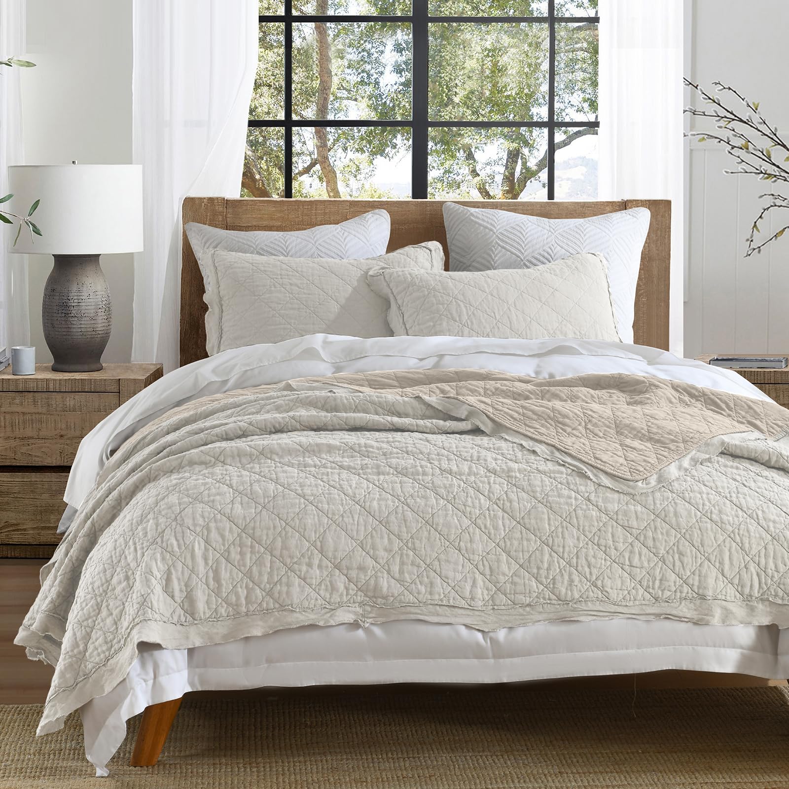 Horimote Home 100% Linen Front/100% Cotton Back Quilt Set Queen Size, Beige Pre-Washed European Flax Linen Quilt, Diamond Stitch