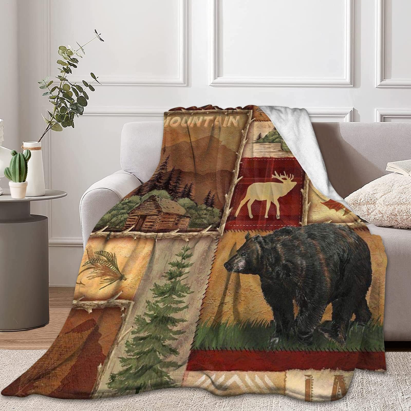 Newhomestyle Rustic Lodge Bear Moose Deer Throw Blanket Soft Warm Cozy Lightweight Decorative Blanket for Couch, Bed, Sofa, Trav