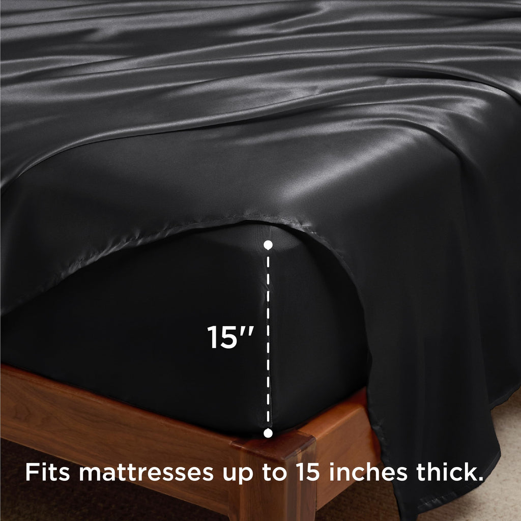Bedsure Satin Sheets Queen Size - Similar To Silk Sheets, Silky Bedsheet, Luxury & Ultra Soft, Non-Fading & Wrinkle Free, Good For Hair & Skin, Gifts For Women, 4 Pieces, Black