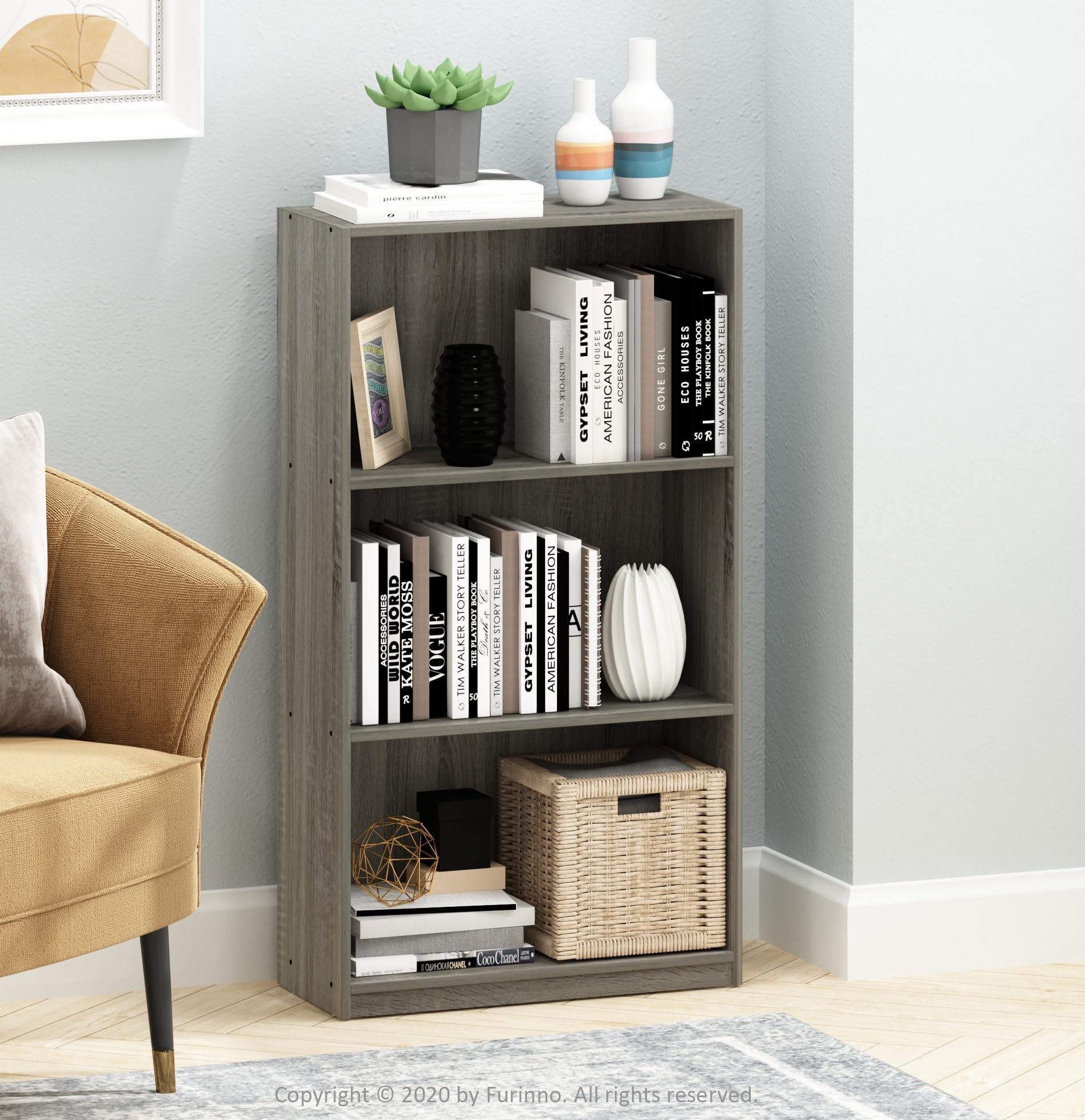 Furinno Basic 3-Tier Bookcase Storage Shelves, French Oak Grey