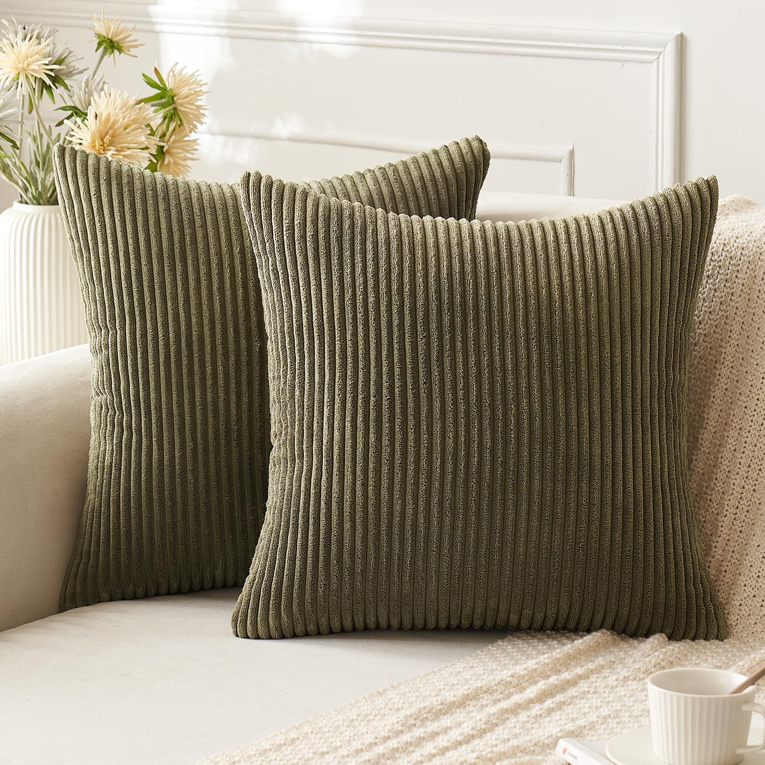 Anroduo Pack Of 2 Olive Green Throw Pillow Covers With Corduroy Cushion Case 18X18 Cute And Soft Boho Throw Pillow Covers Decora