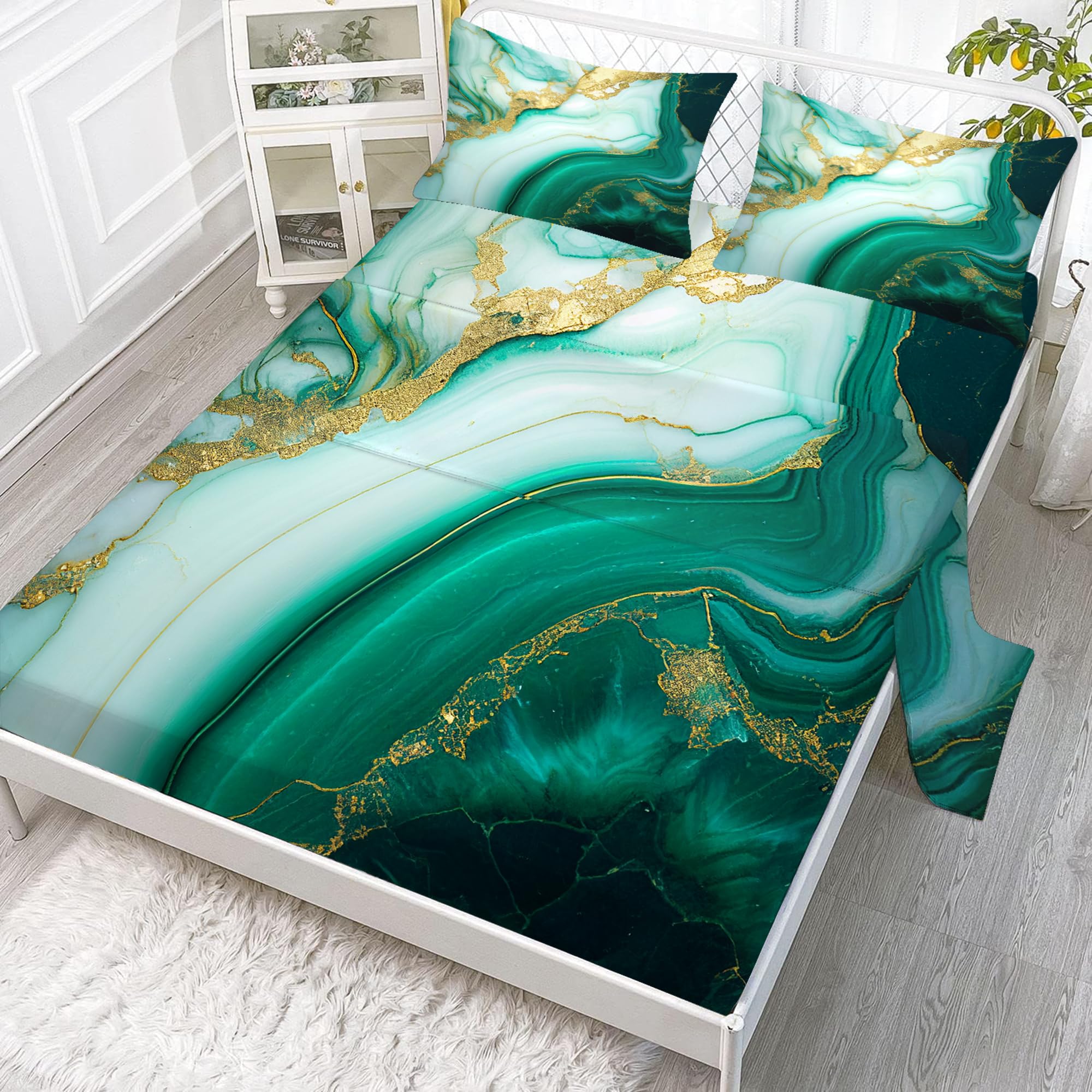 Edgzko Sheet Set Green Marble: Twin Size Emerald Green Bed Sheets For Teen Girls Kids Adults Abstract Turquoise Gold Marbling 3P