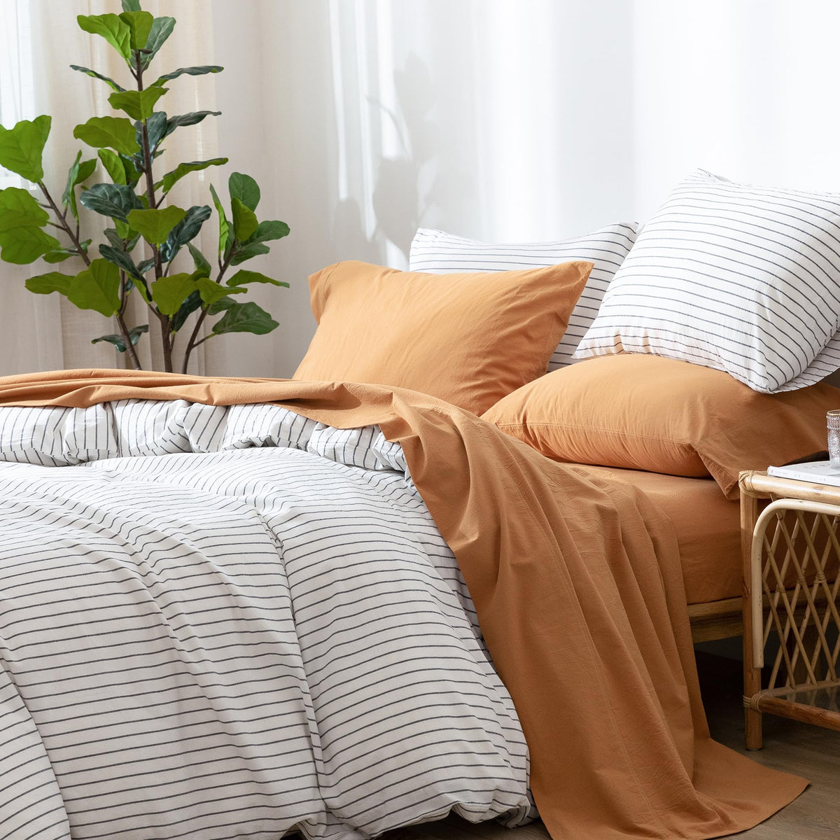 Moomee Bedding Sheet Set 100% Washed Cotton Linen Like Textured Breathable Durable Soft Comfy (Burnt Orange, Full)